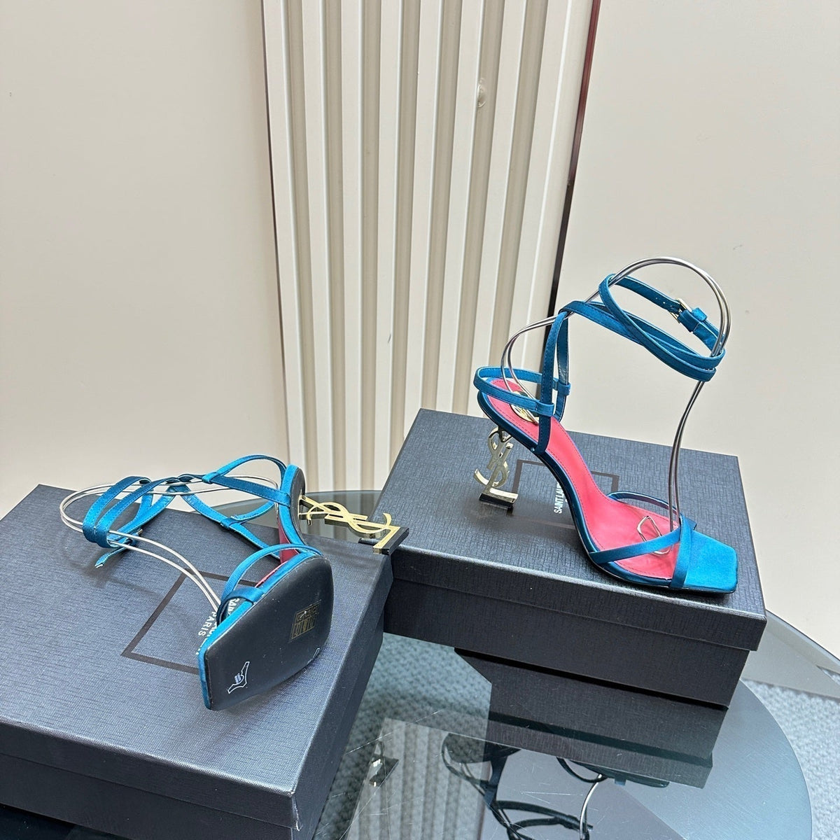 OPYUM HIGH SANDALS IN DUCK BLUEE SILK