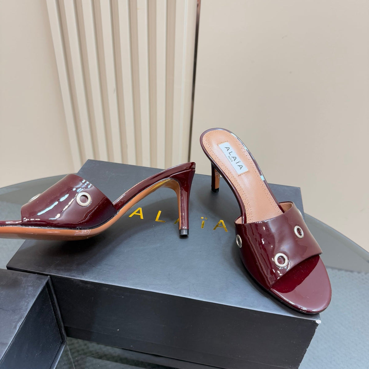 Alaia 2025 Oeillets Embellished Leather Sandals Ruby Red Lambskin 299666