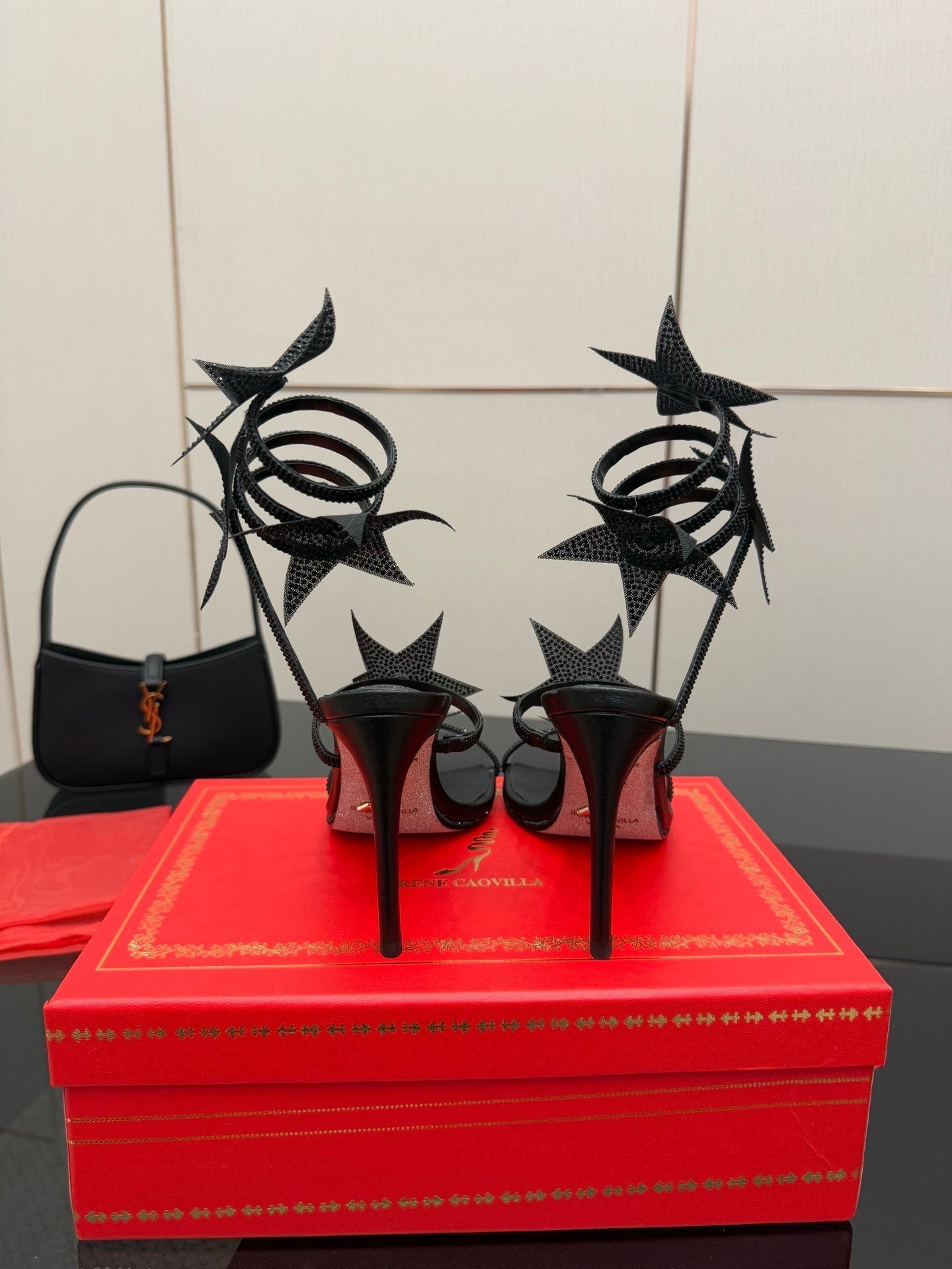 RC Sandals 9.5cm Black Rhinestone Silk 302581