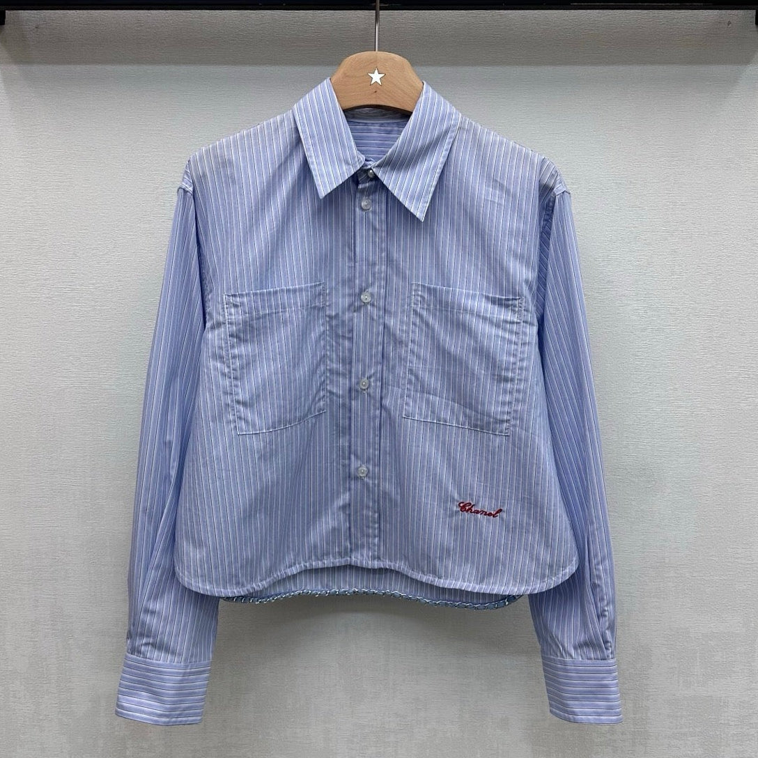 Chanel 2026 Pearl Button Chain Trim Short Shirt Blue Cotton 206642