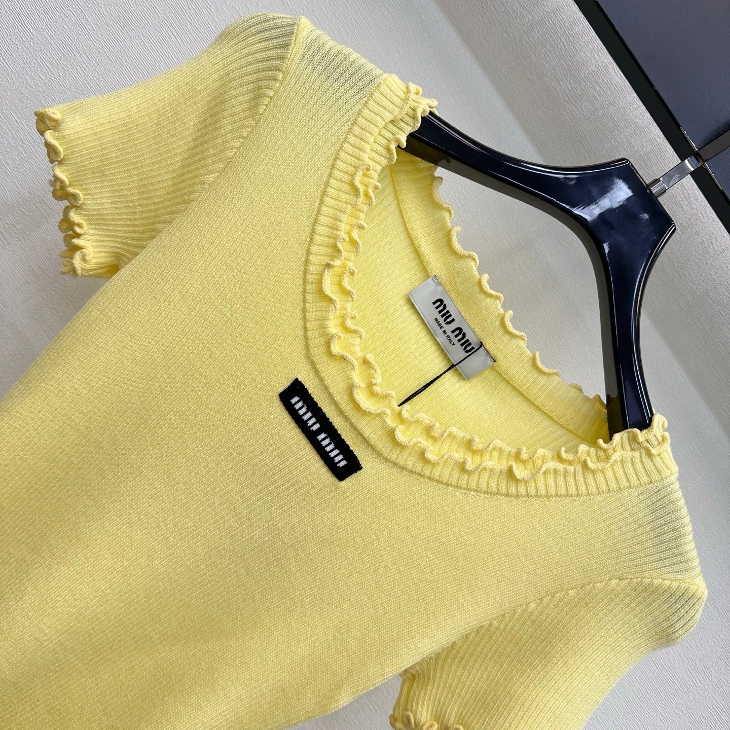 Miumiu 2026 Ruffled Short-Sleeve Knit Top Yellow Wool 447791