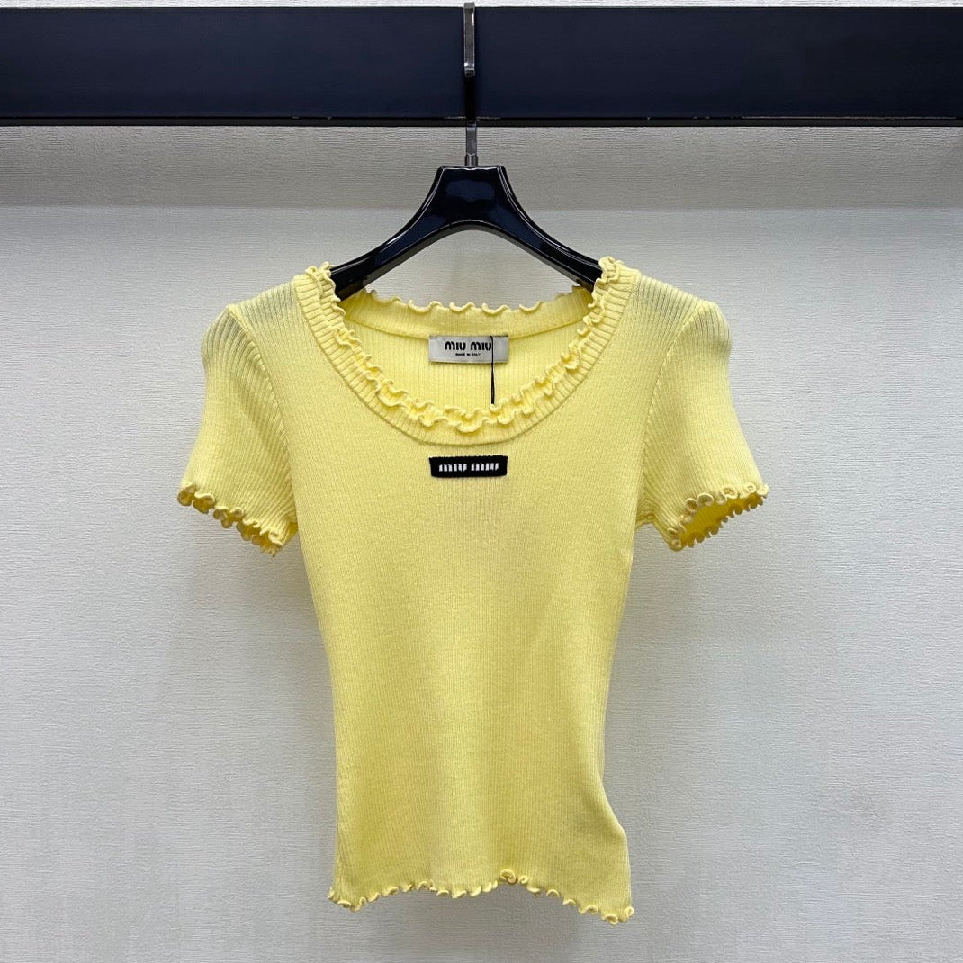 Miumiu 2026 Ruffled Short-Sleeve Knit Top Yellow Wool 447791