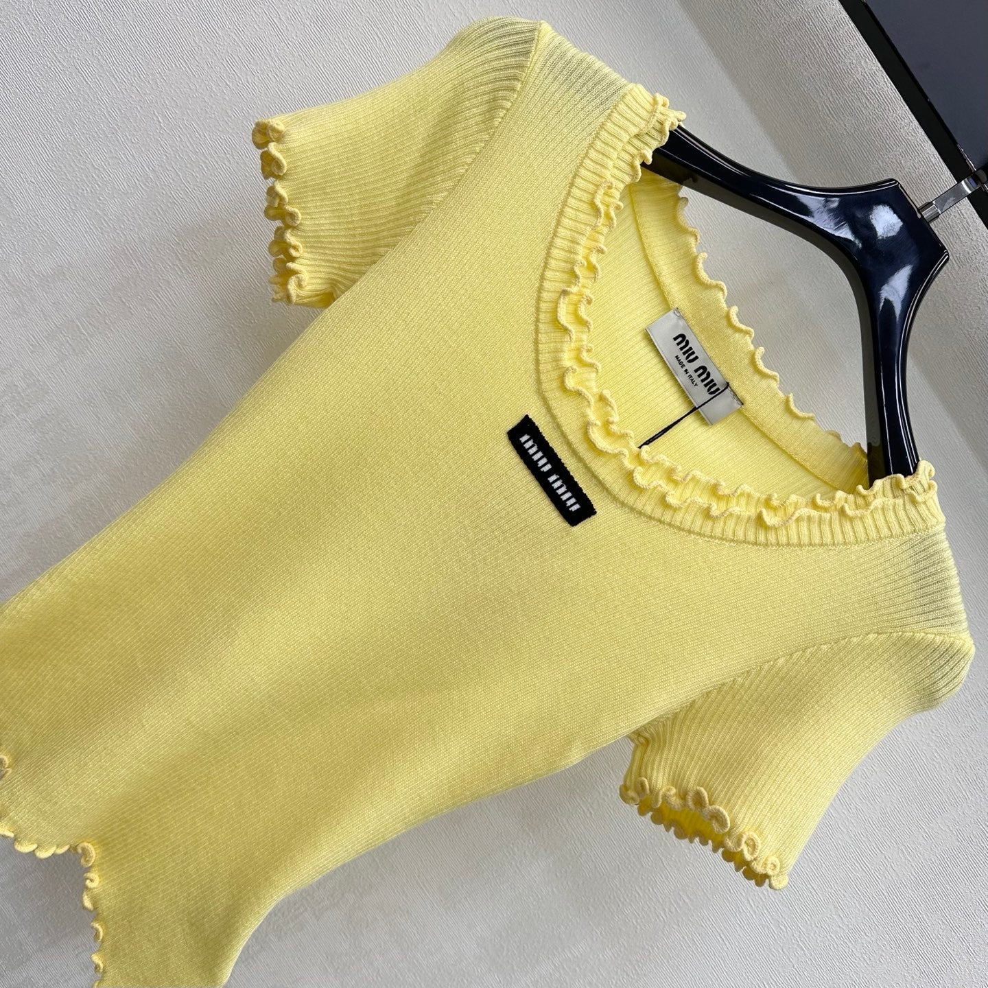 Miumiu 2026 Ruffled Short-Sleeve Knit Top Yellow Wool 447791