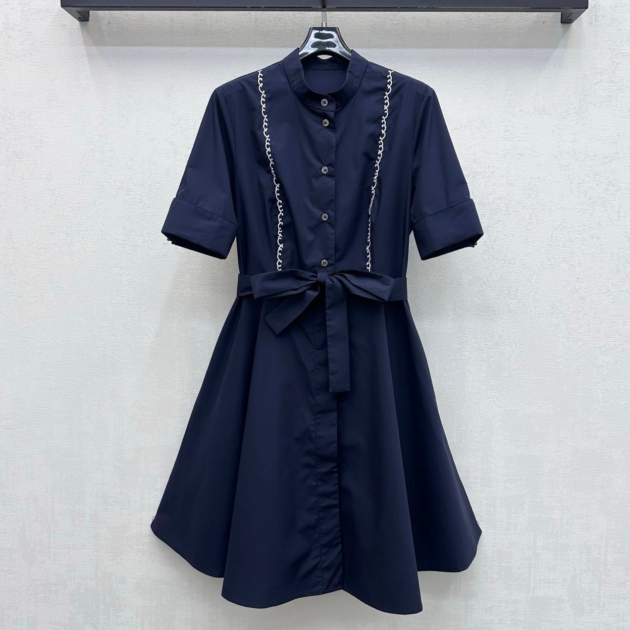 Dior 2026 Wave Embroidery Belt Dress Navy Cotton 627174