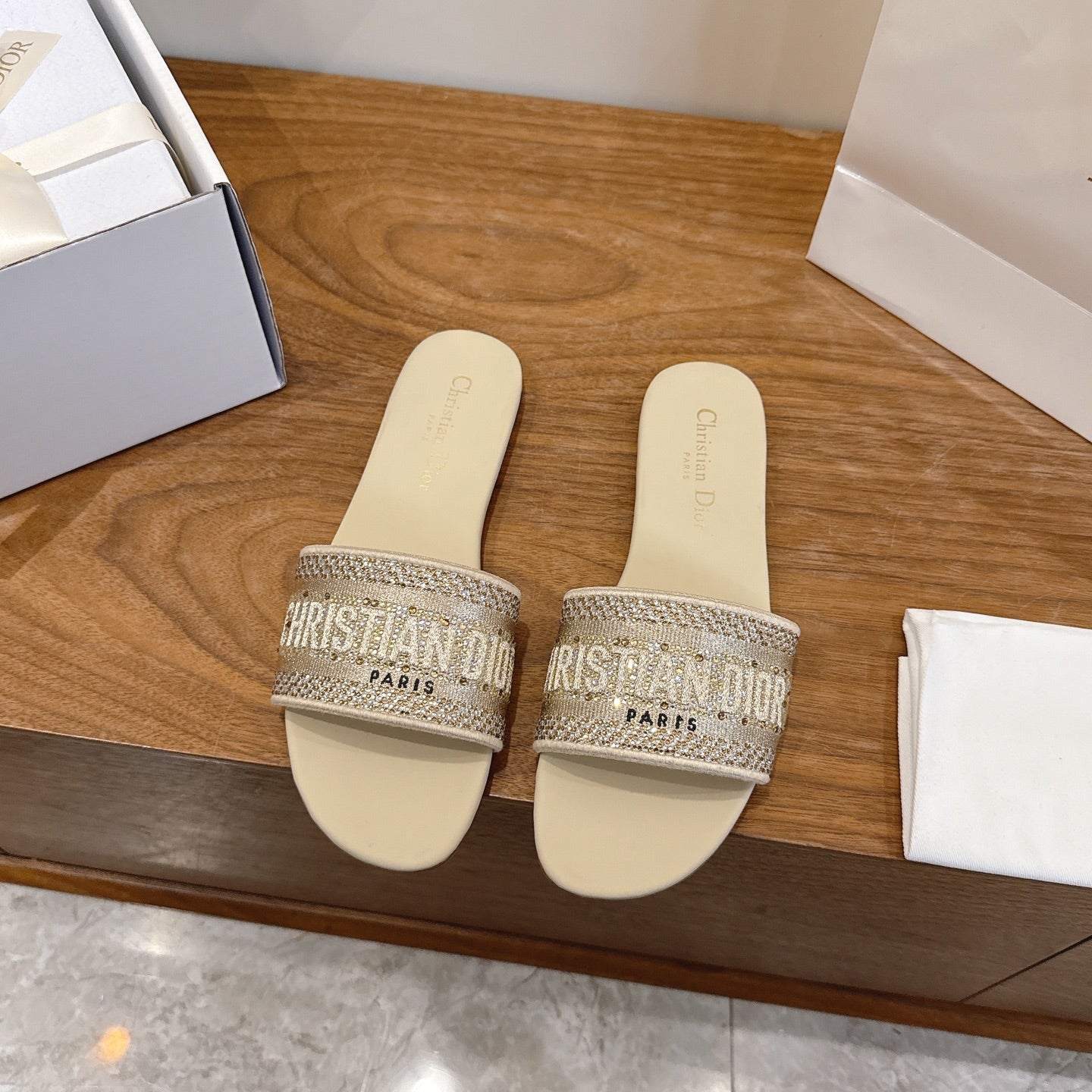 CD 26s Embroidered Sandals Beige Canvas Leather 685603
