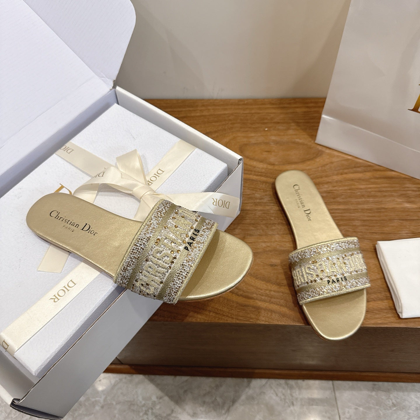 CD 26s Embroidered Sandals Gold Champage  Canvas Leather 685616