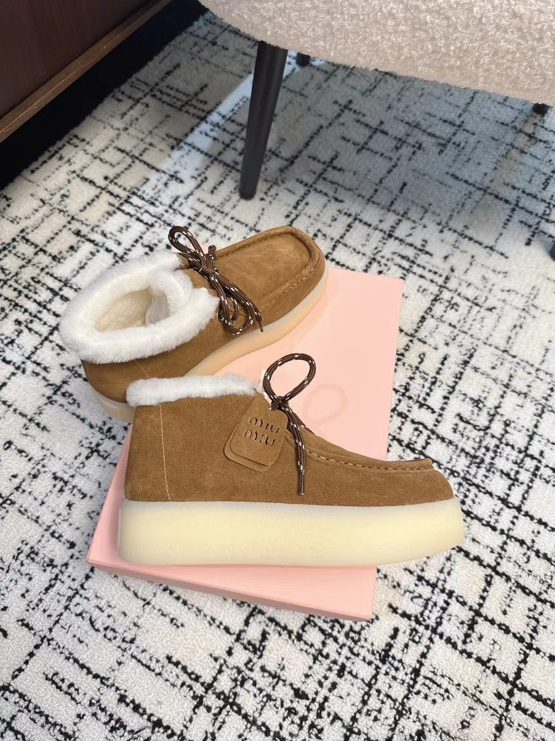 Miu Ankle Boots Cinnamon Brown Fleece Lining Cow Suede
