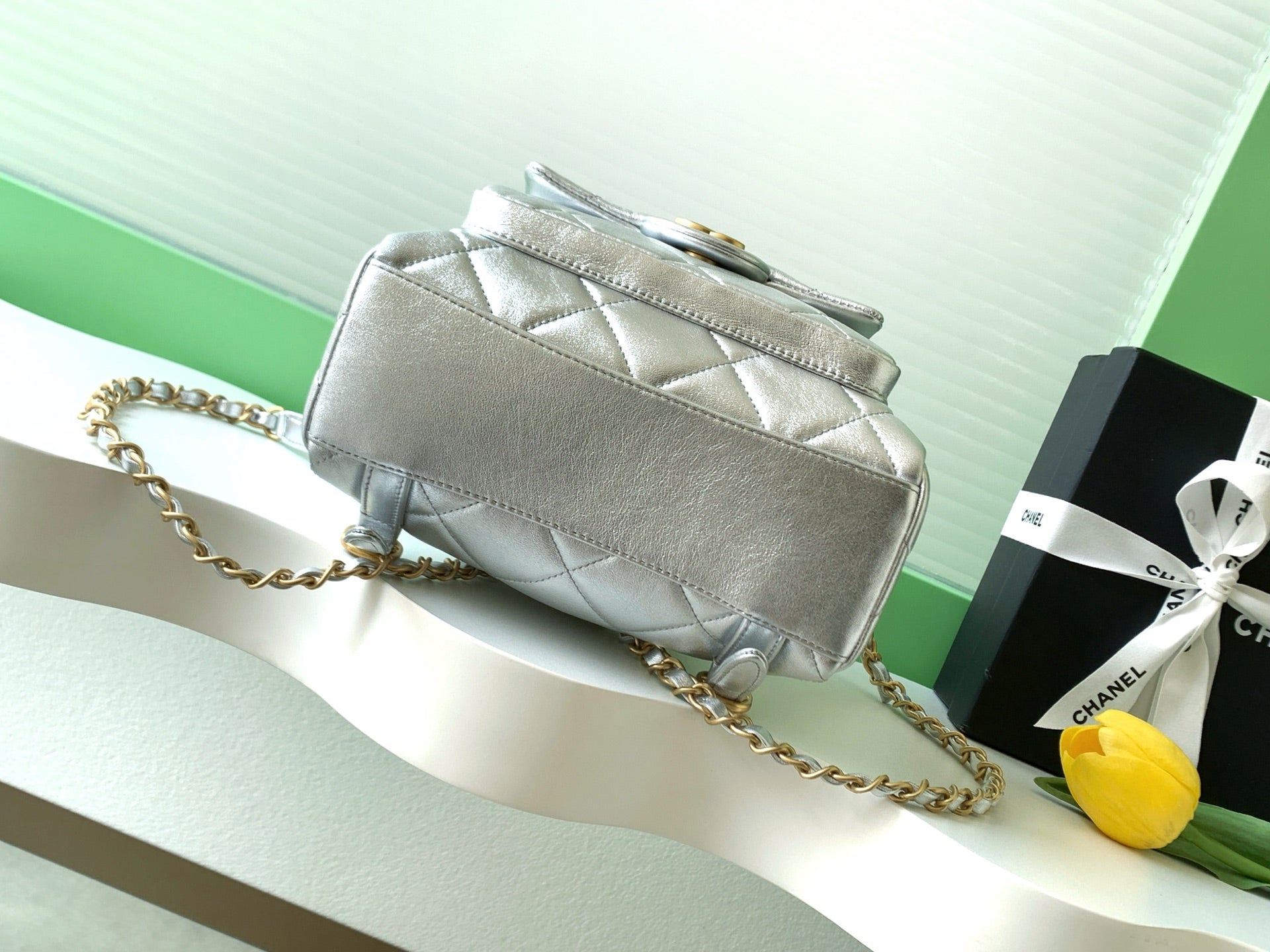 Chanel 25K Backpack Silver Gold Metallic Lambskin 295193