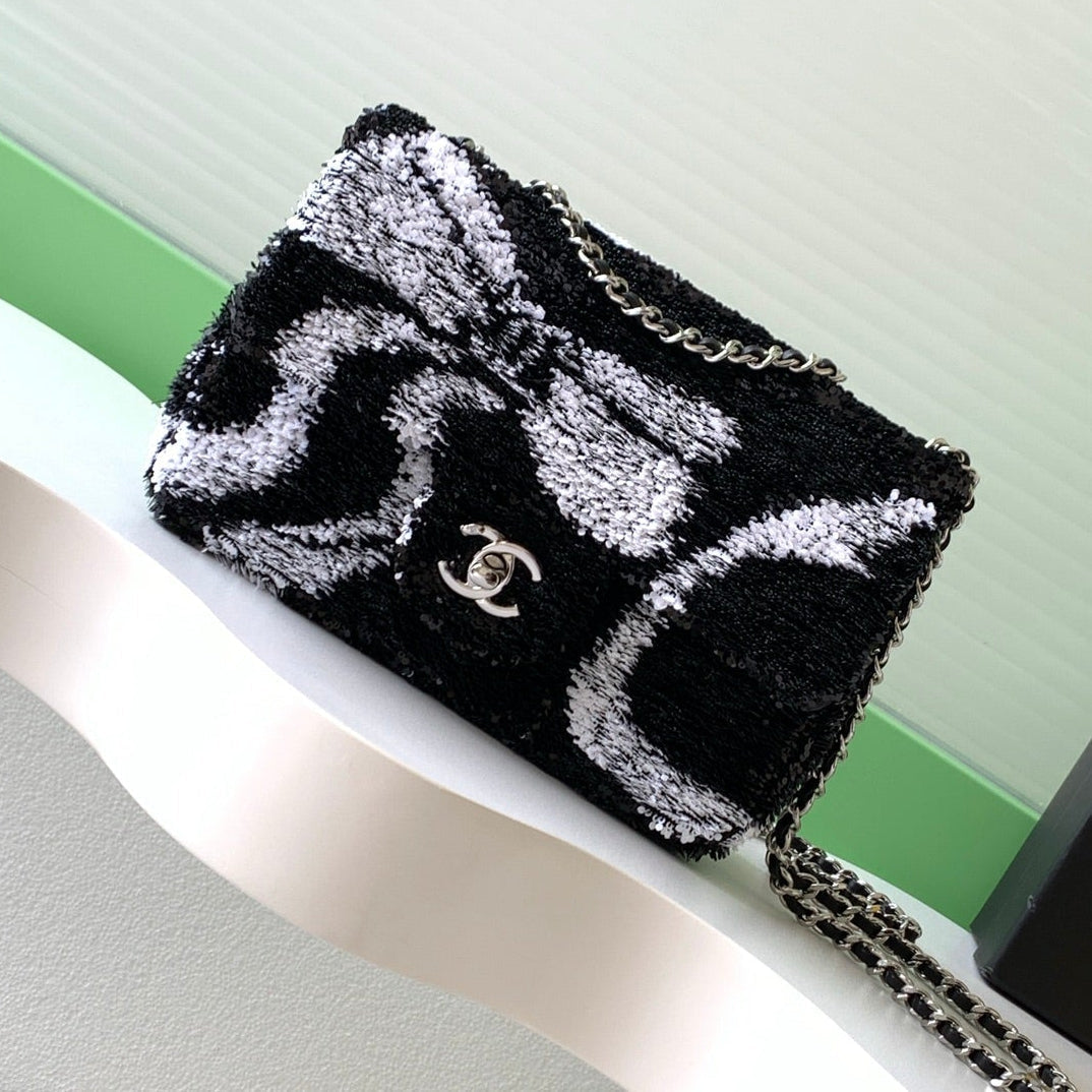 CC 2025 Flap Bag  Black White Sequin 298200