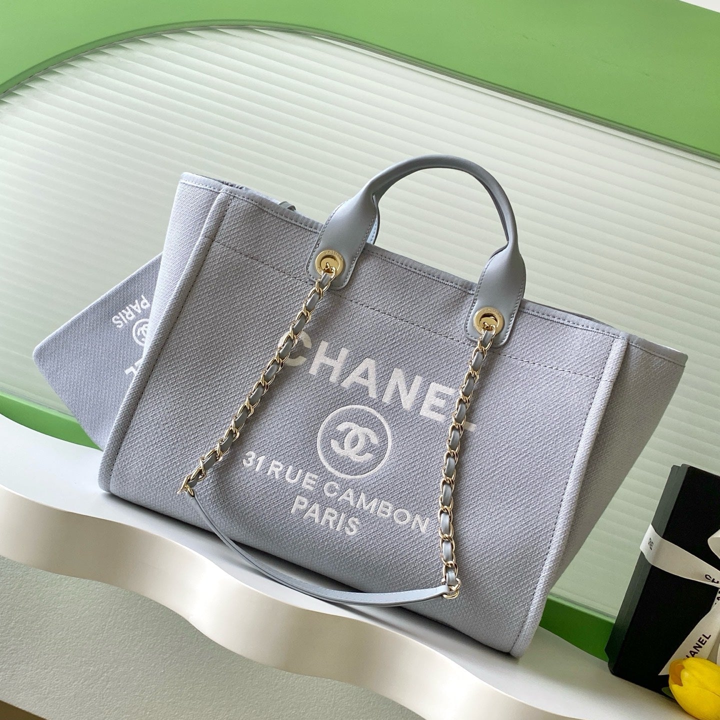 CC 2025 Deauville Tote Bag Light Gray Canvas