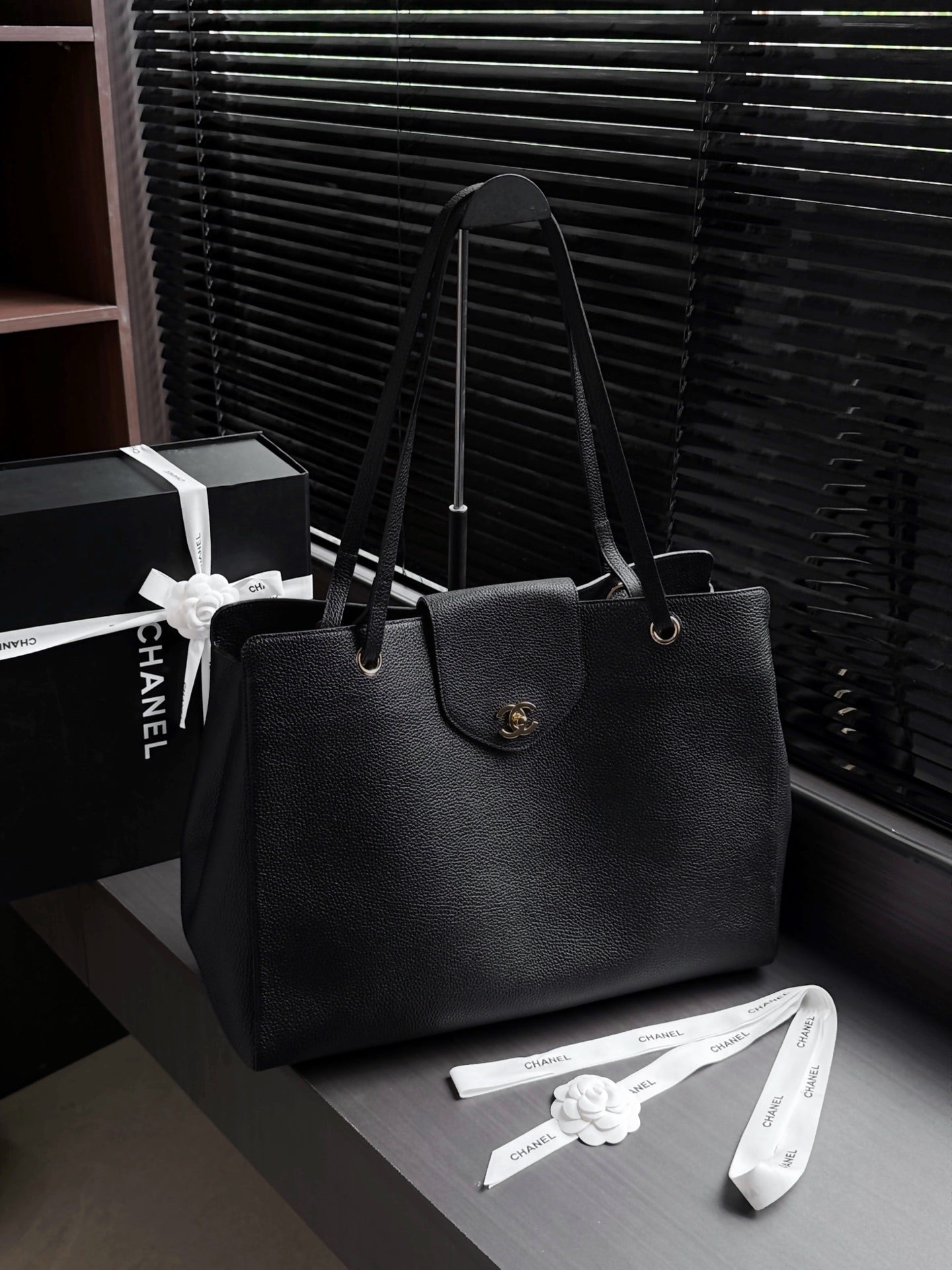 Chane 2026 Large Shopping Bag 46cm Black Calfskin