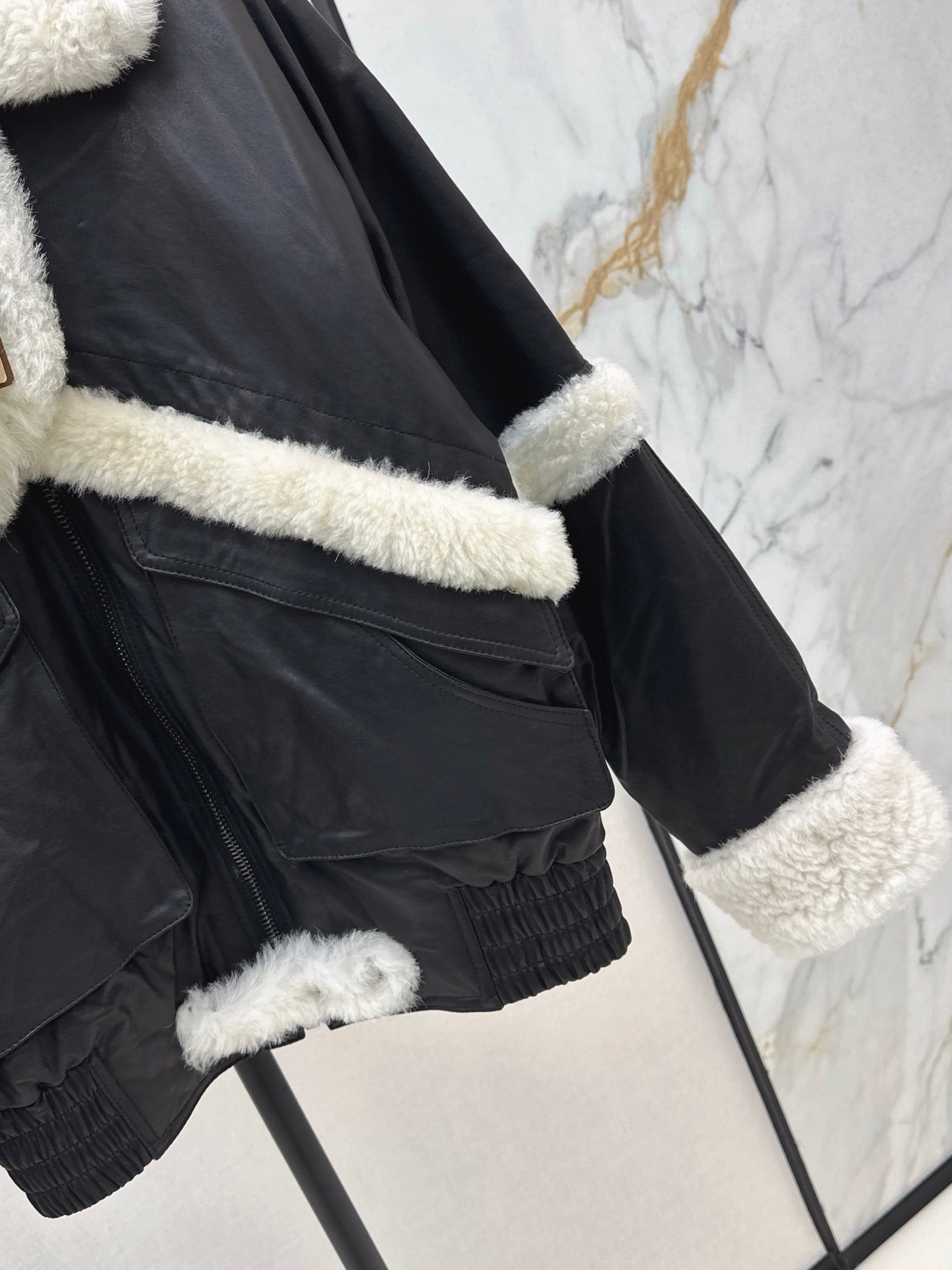 Burberry 25 Shearling-trimmed Bomber Jacket Black White Fur Leather