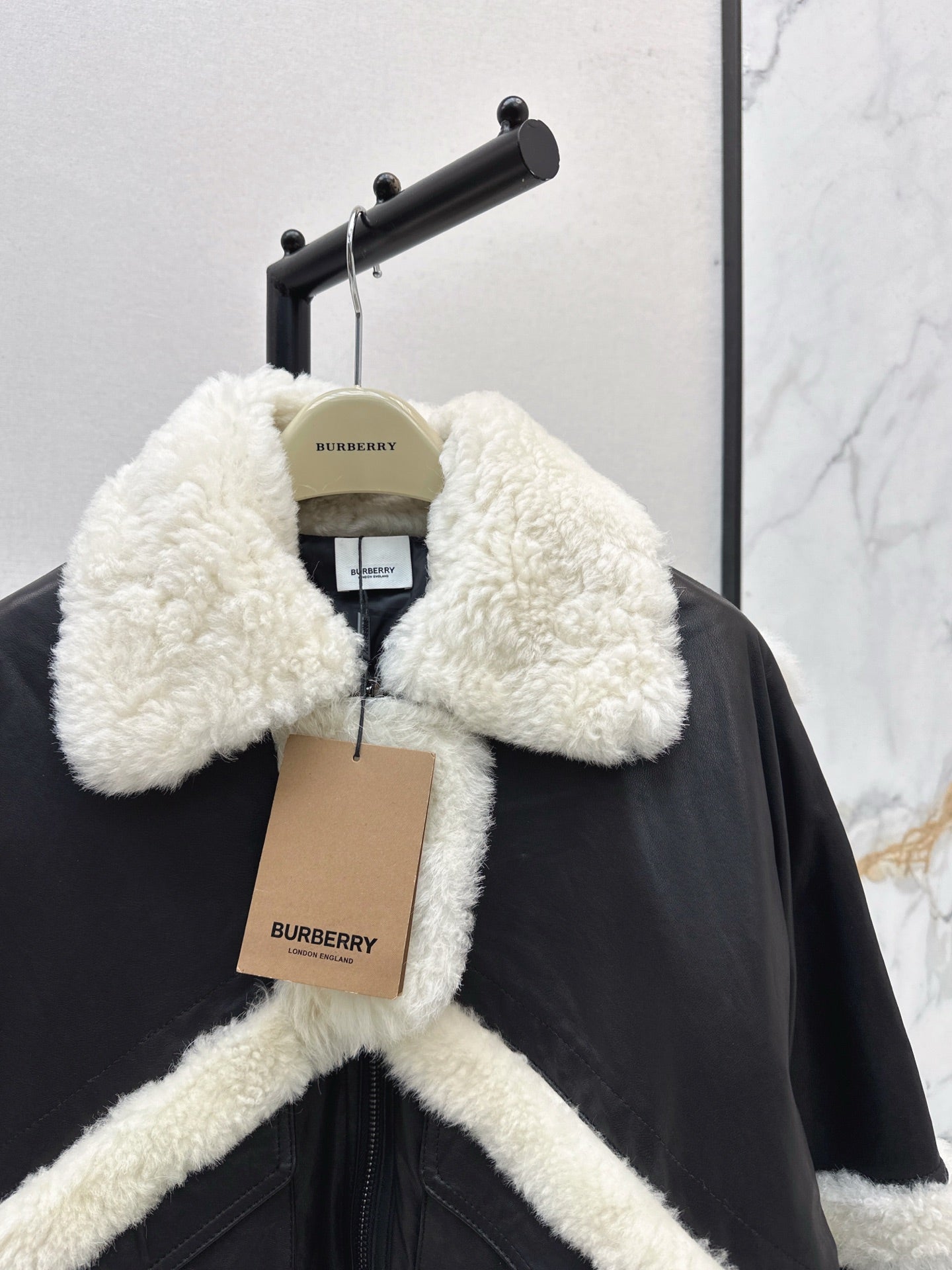 Burberry 25 Shearling-trimmed Bomber Jacket Black White Fur Leather
