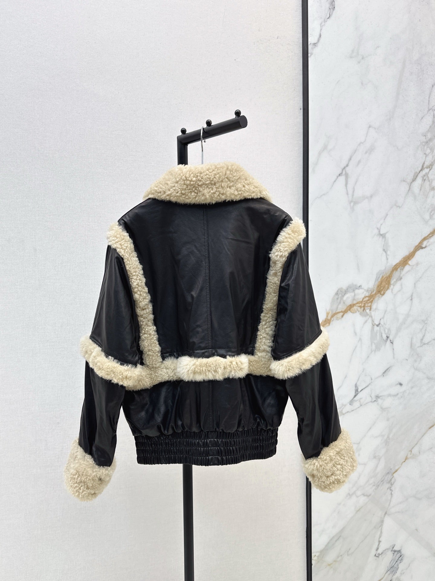 Burberry 25 Shearling-trimmed Bomber Jacket Black Cream Fur Leather