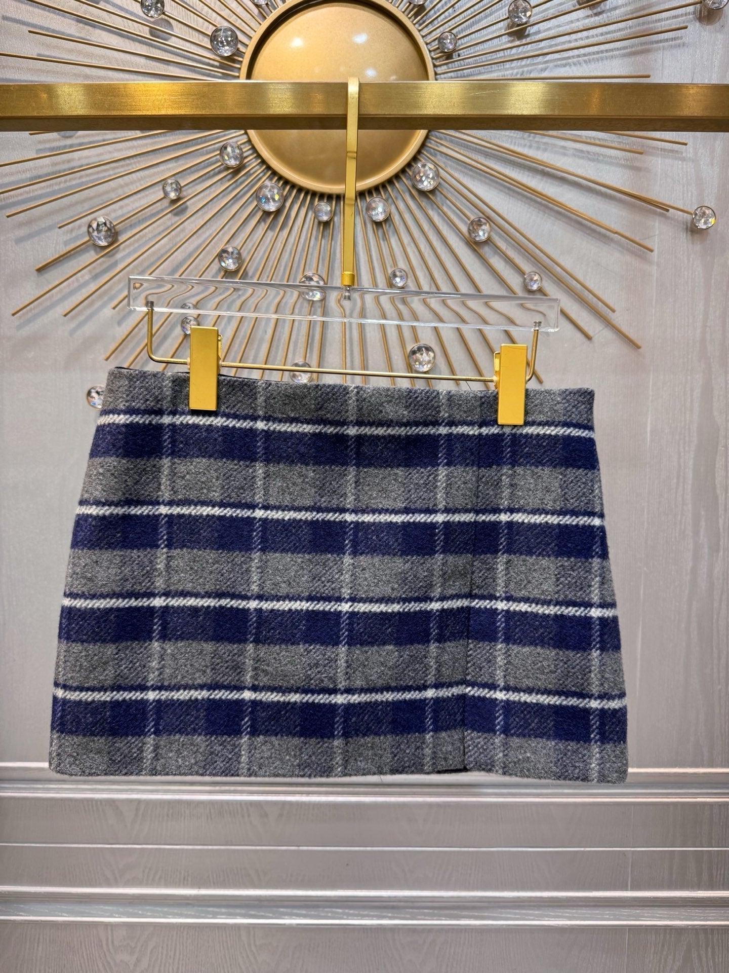Miumiu 2026 Plaid Midi Skirt Blue-Gray Wool Viscose