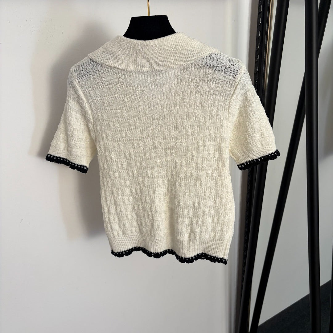 Chanel 2026 Pan Collar Knitted Short Sleeve Black Pink White Wool 120314
