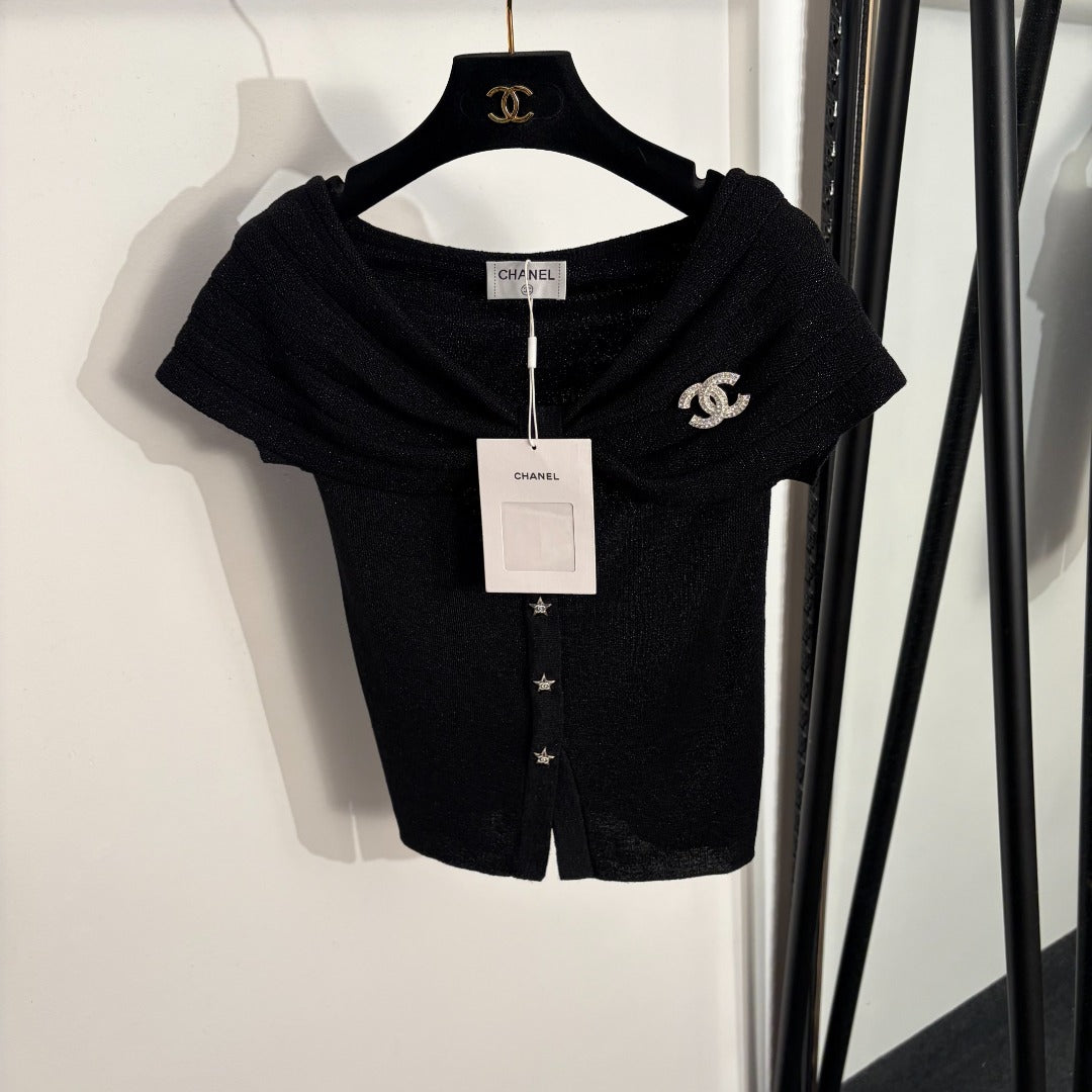 Chanel 2026 Off-Shoulder Short-Sleeve Knit Top 294094