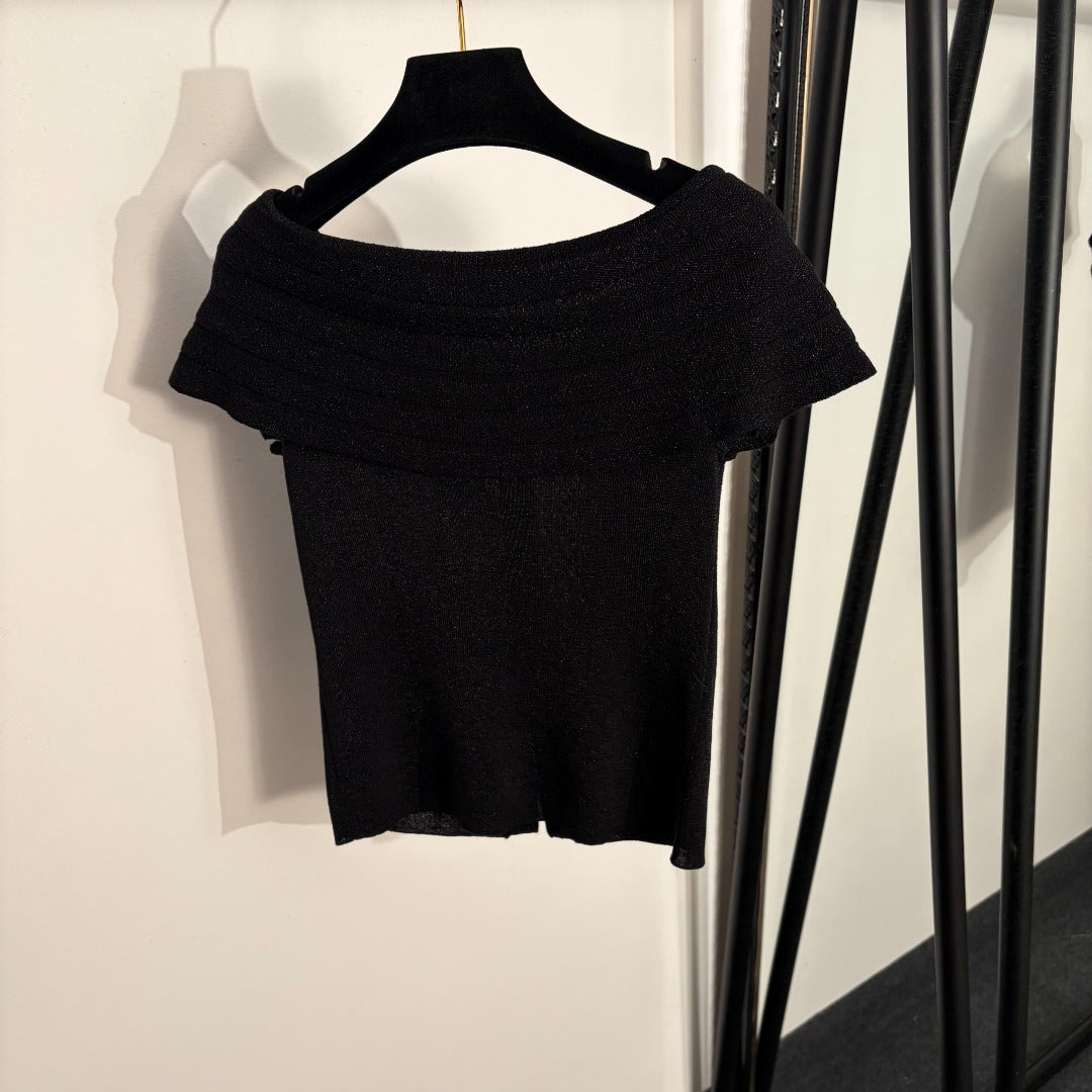 Chanel 2026 Off-Shoulder Short-Sleeve Knit Top 294094