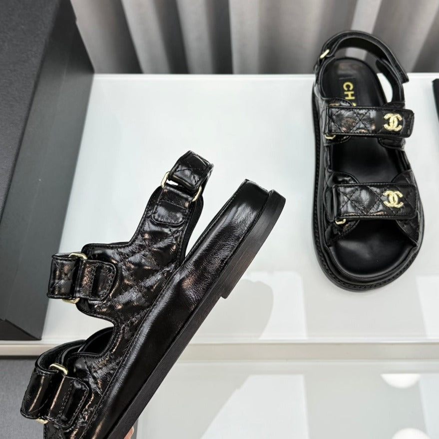 dad sandals black patent lambskin