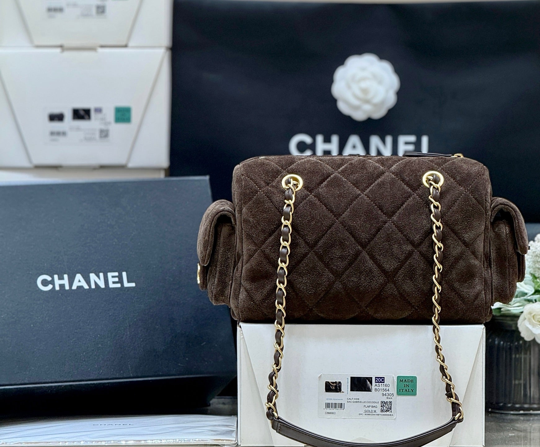 Chanel 2025 Bowling Bag 24cm Dark Brown Suede 345137