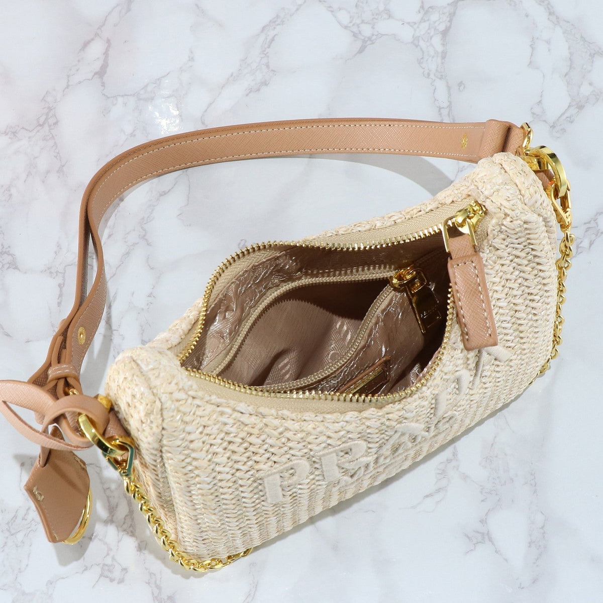 PRA 22 BAG IN BEIGE RAFFIA AND BROWN CALFSKIN GOLD HARDWARE