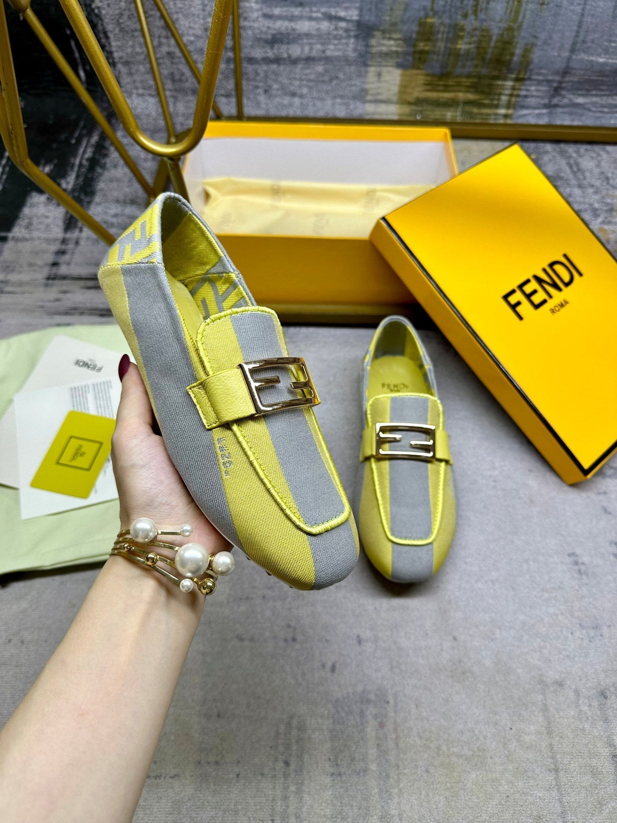 FENDI BAGUETTE LOAFERS IN GREY MIX LEMON YELLOW CANVAS GOLD HARDWARE