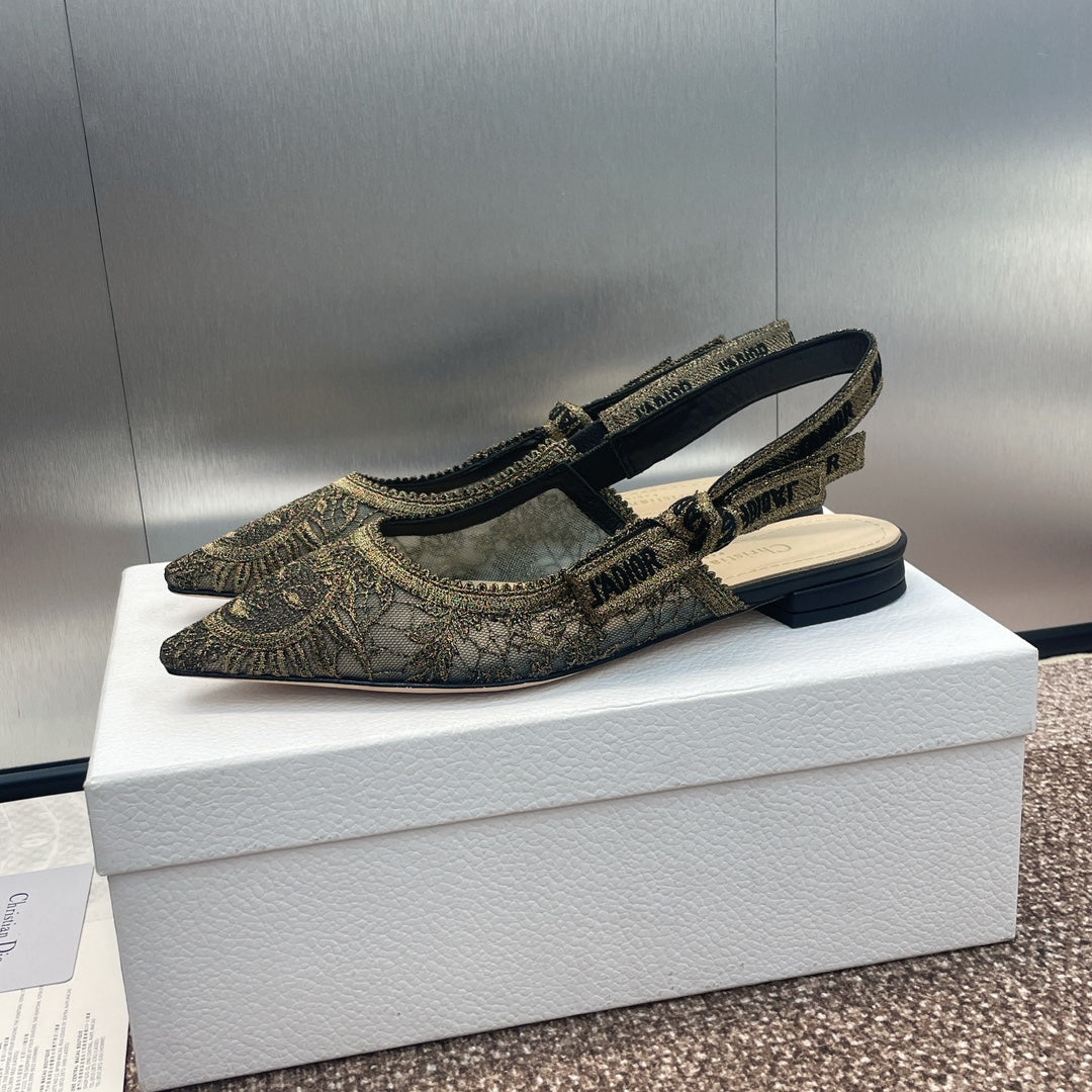 cd slingback flat transparent mesh embroidered black sun motif