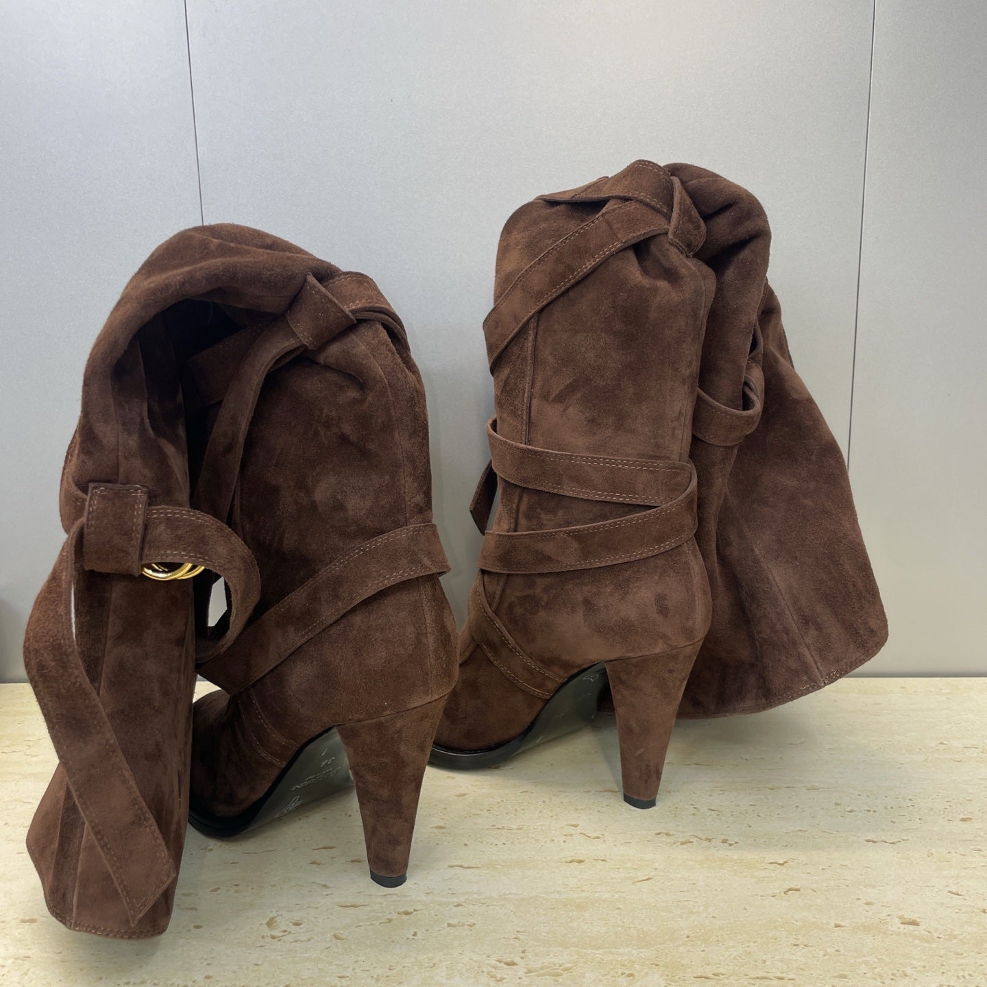 YSL 2025  Chunky Heel Pointed Toe Over-the-Knee Rider Boot Brown Suede 574019