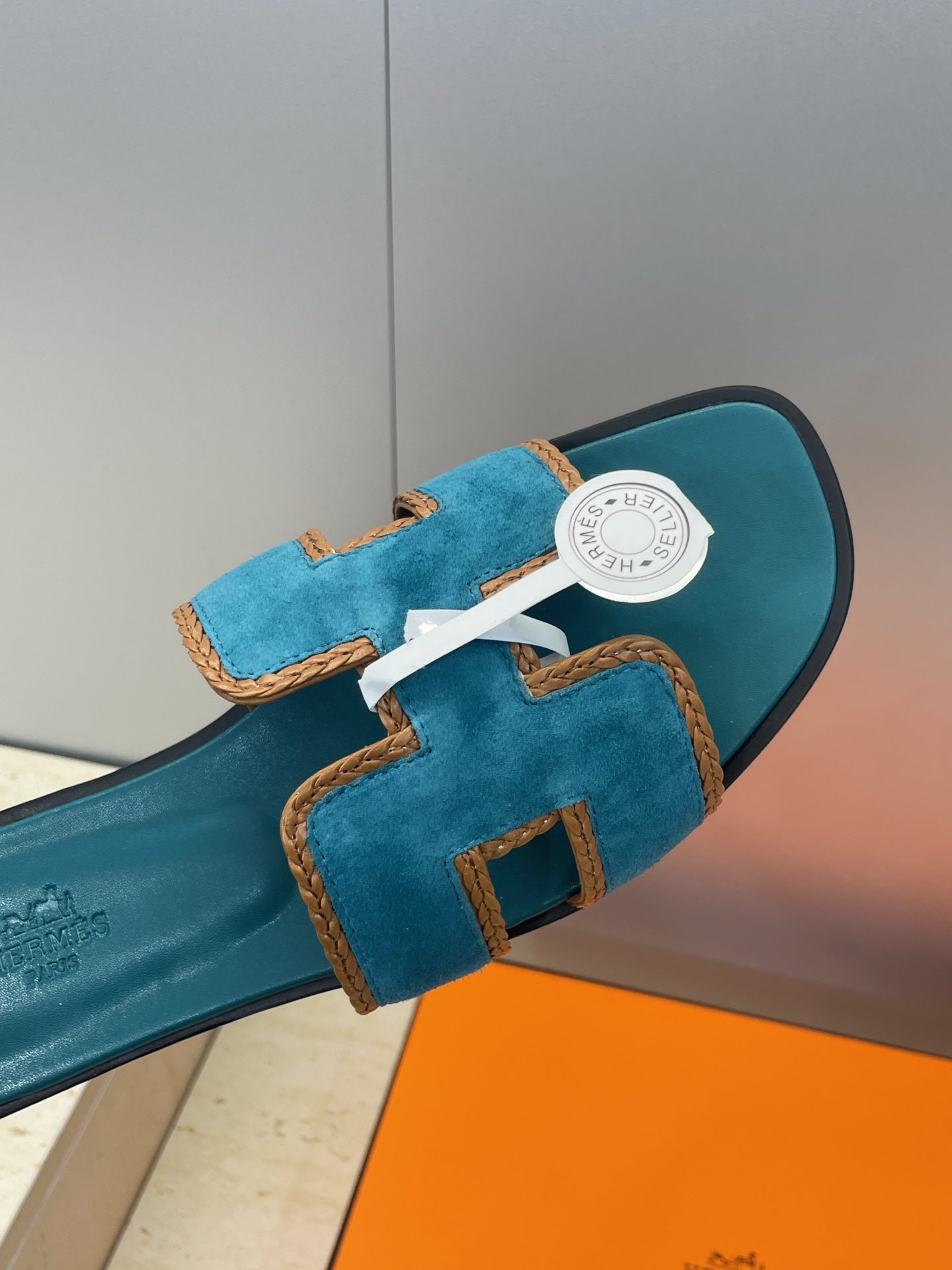 HM 26ss Oran Sandals Teal Blue Suede Calfskin 607249