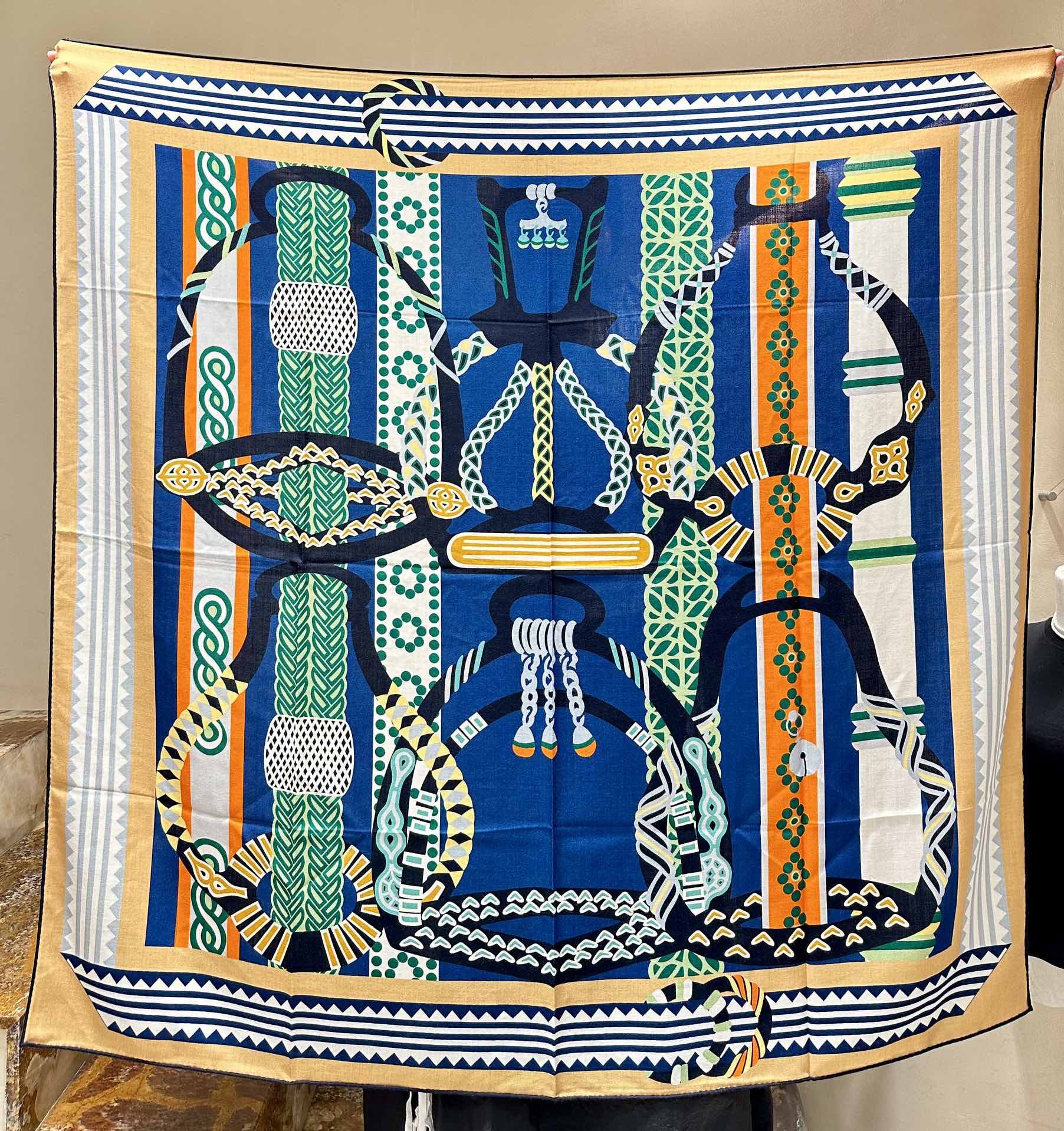 Fantaisie d'Etriers Scarf  140 CM Green Mix Blue Colorful Silk