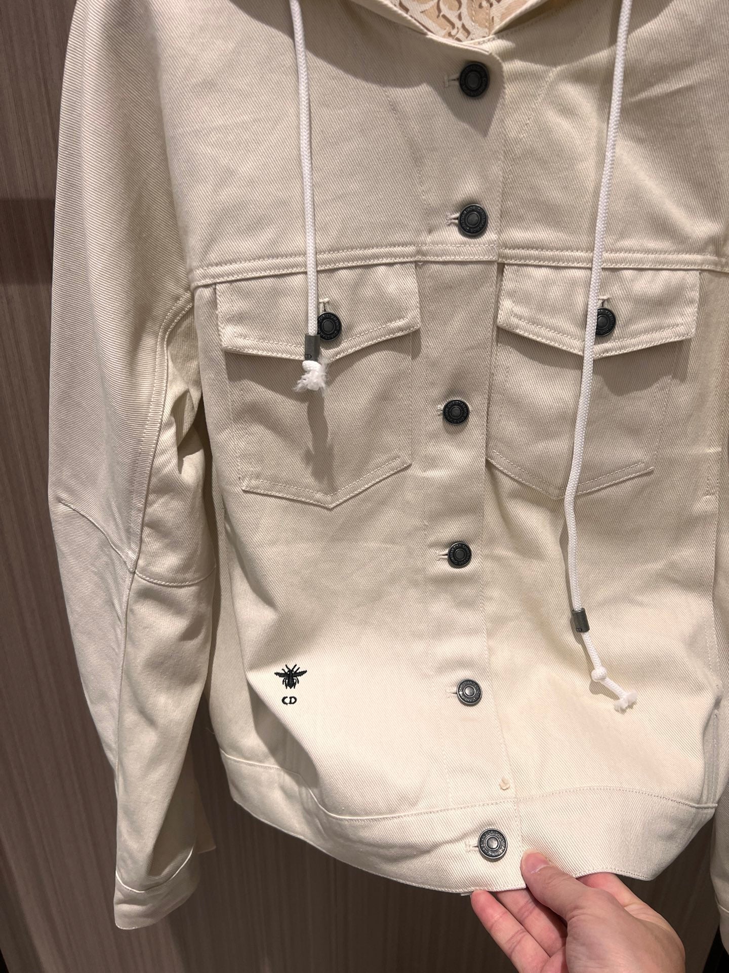 CD Hooded Denim Jacket With Monogram Lining White Beige Cotton