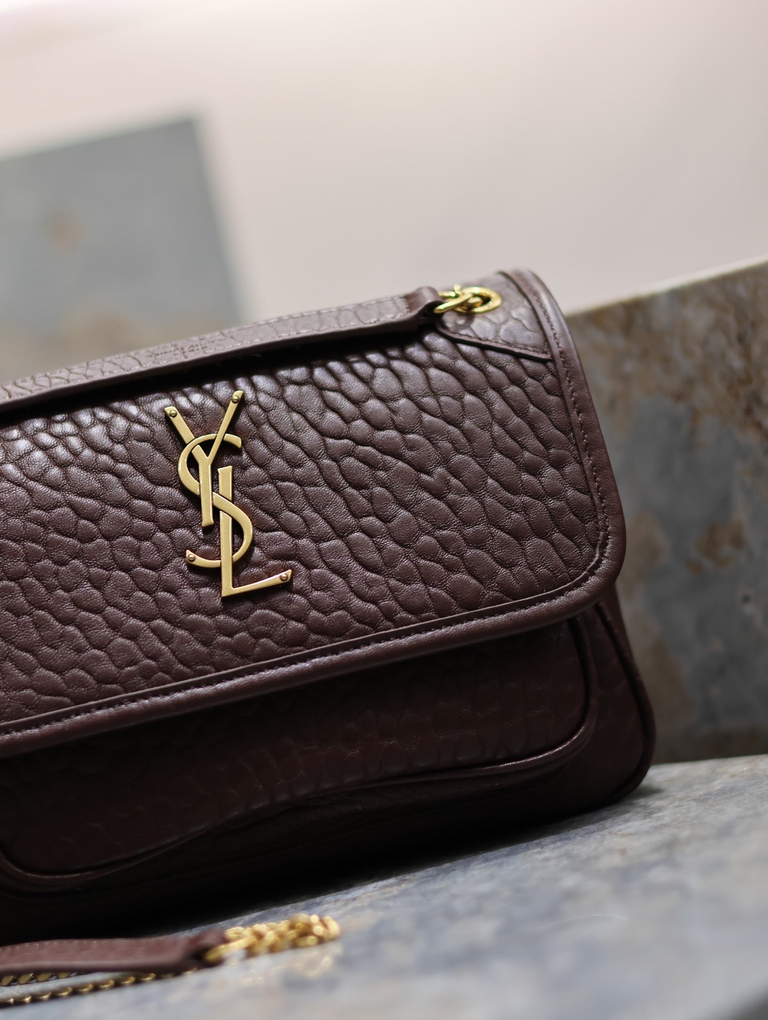 YSL Niki Chain Satchel Bag 22cm Brown Lambskin