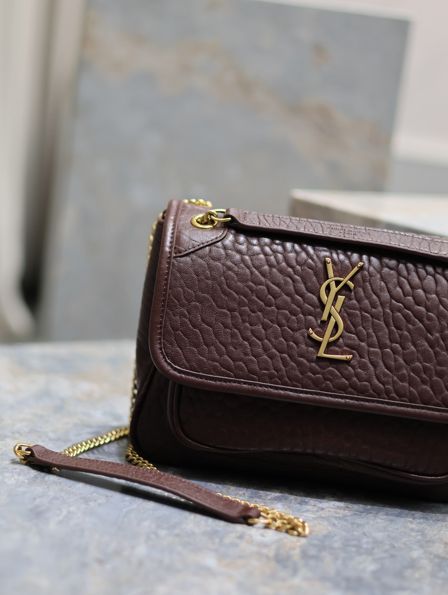 YSL Niki Chain Satchel Bag 22cm Brown Lambskin
