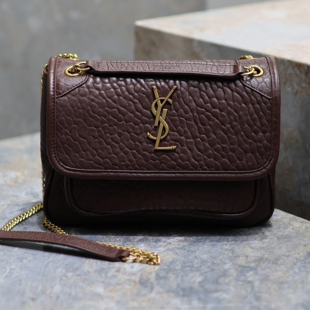 YSL Niki Chain Satchel Bag 22cm Brown Lambskin