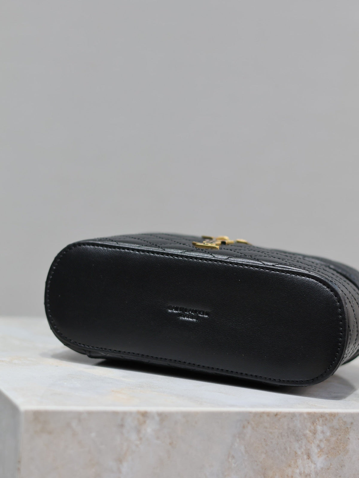 GABY MINI VANITY 18 IN BLACK QUILTED LAMBSKIN GOLD HARDWARE