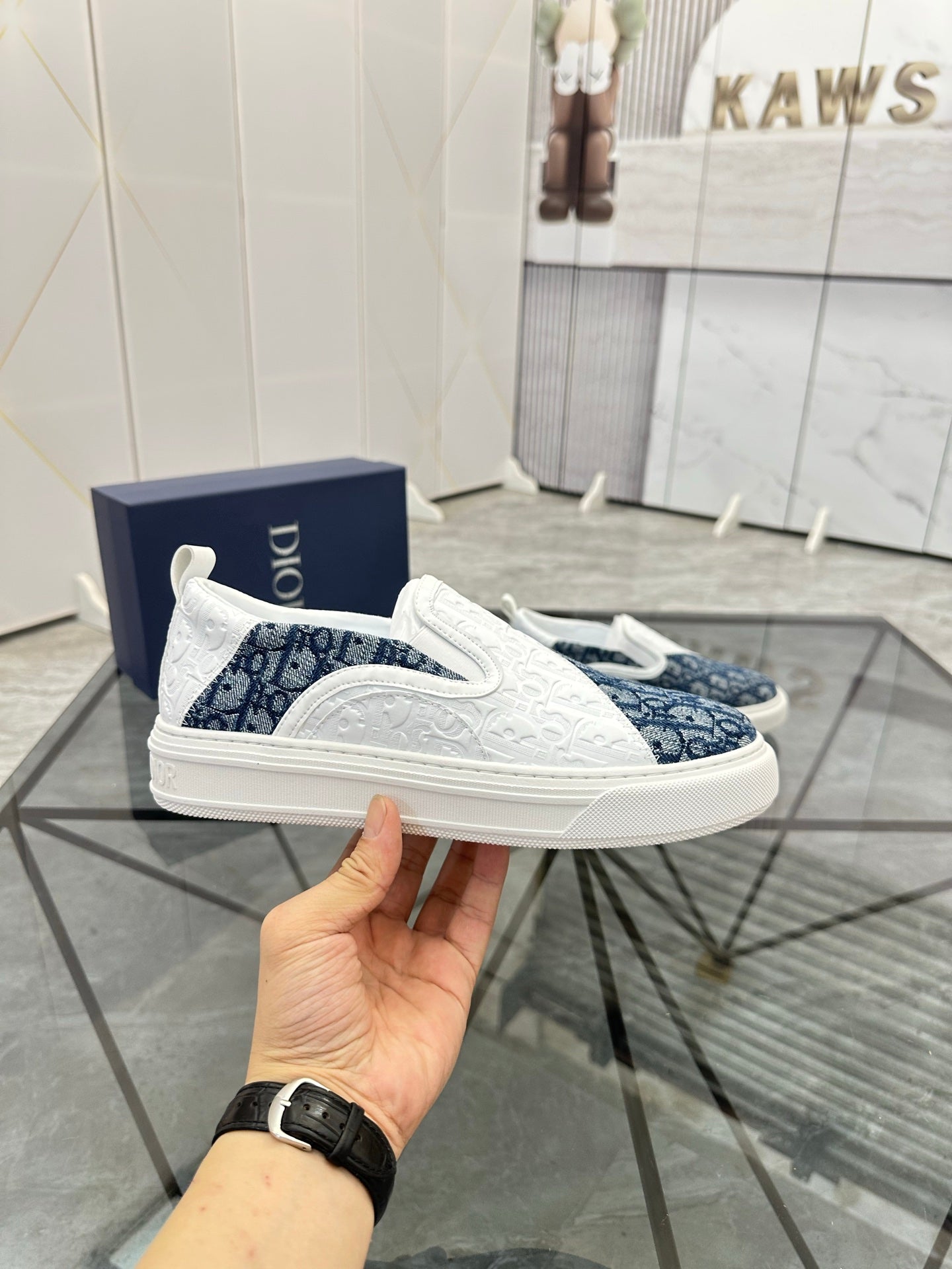 CD Slip on loafer White Blue Cowhide Fabric 647995