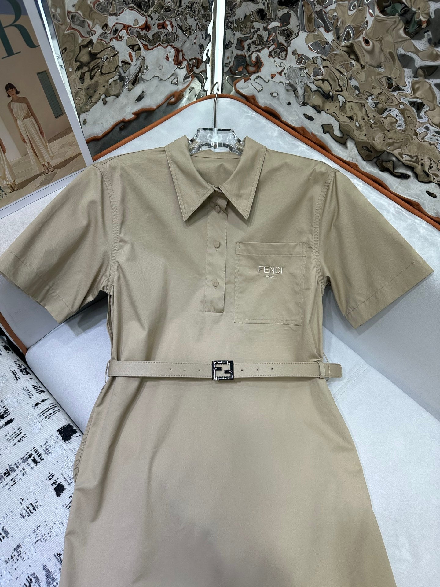 Fendi 25 Short-sleeved Dress Beige Cotton