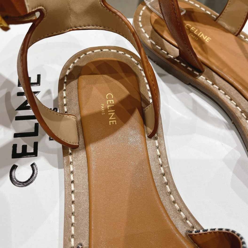 LYMPIA SANDAL IN TRIOMPHE MACCRAMÃ‰ COTTON & CALFSKIN BRONZE BROWN/NAVY