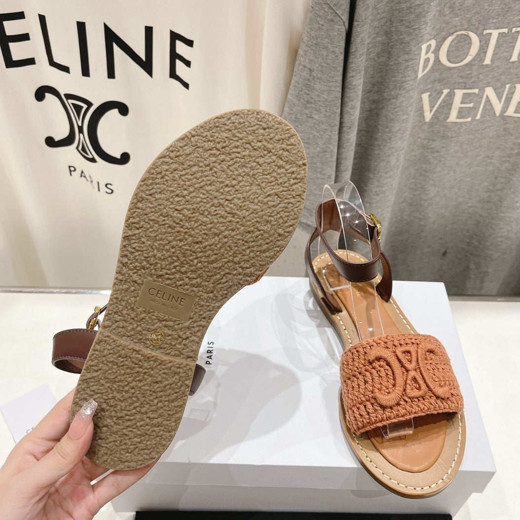 LYMPIA SANDAL IN TRIOMPHE MACCRAMÃ‰ COTTON & CALFSKIN BROWN/DARK BROWN