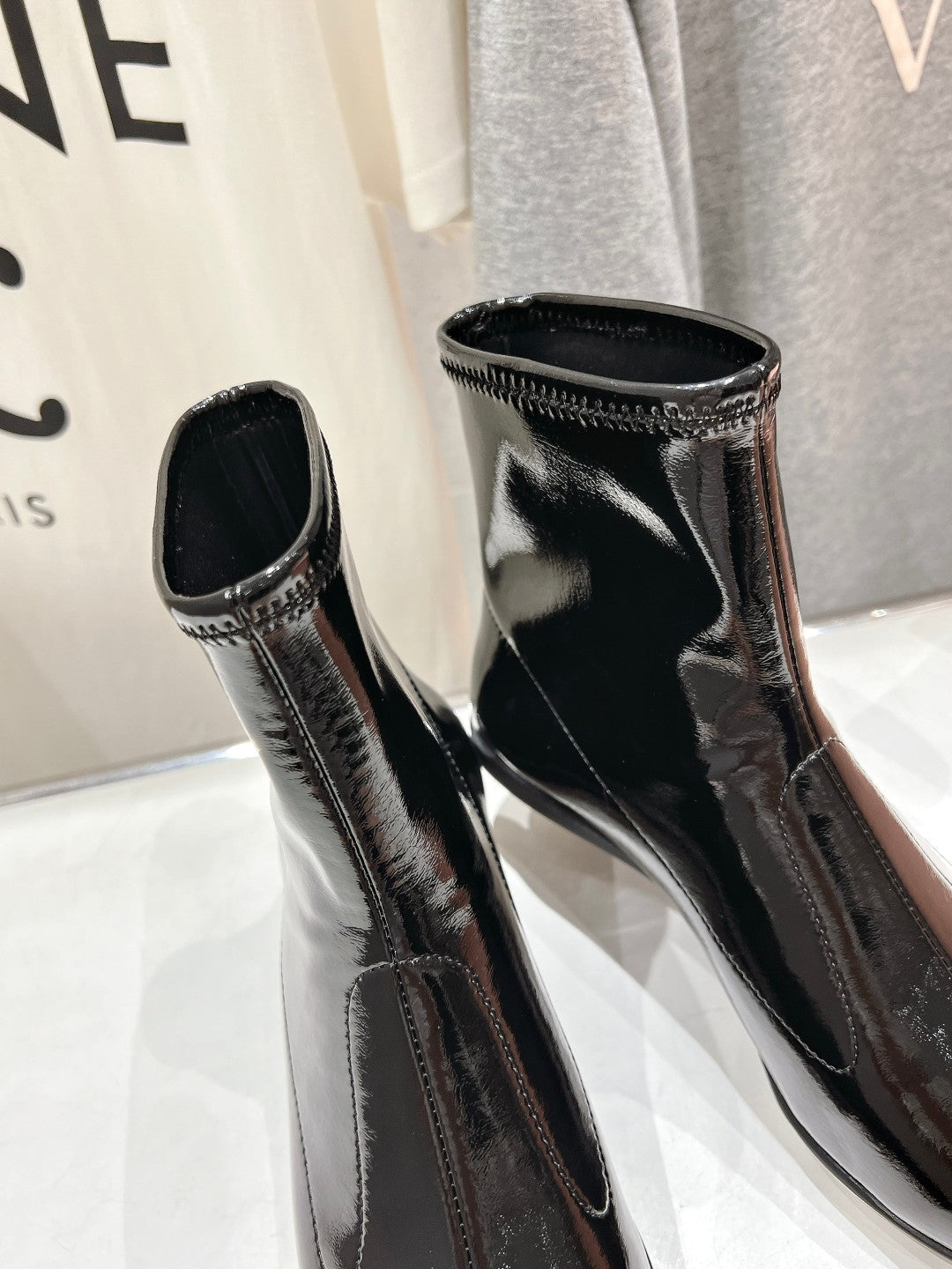 Miu Ankle Boots Pointed Toe Glossy Black Lambskin
