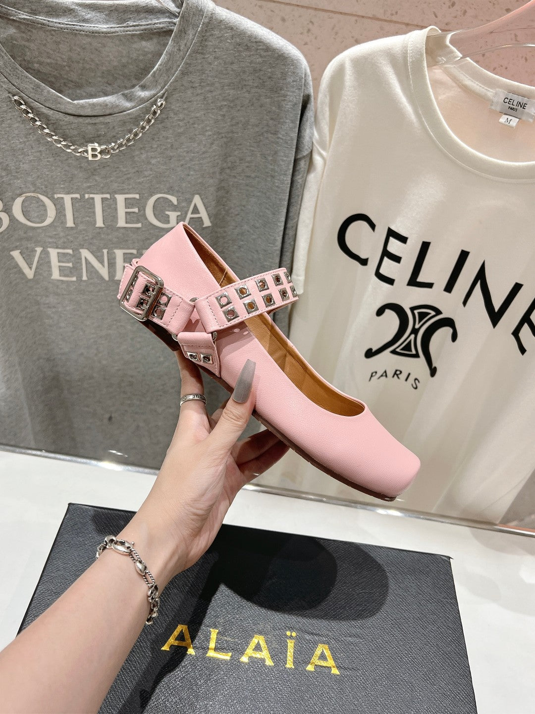 Alaila Biker Ballet Flats In Light Pink Cowhide 911432