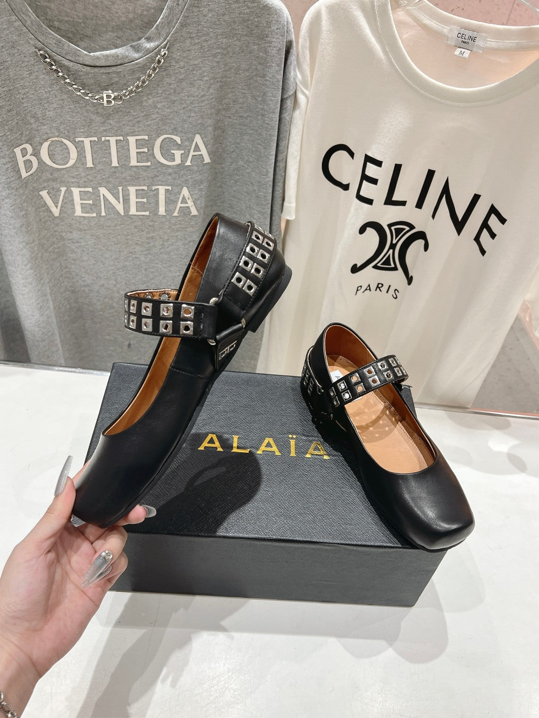 Alaila Biker Ballet Flats In Black Cowhide 911434