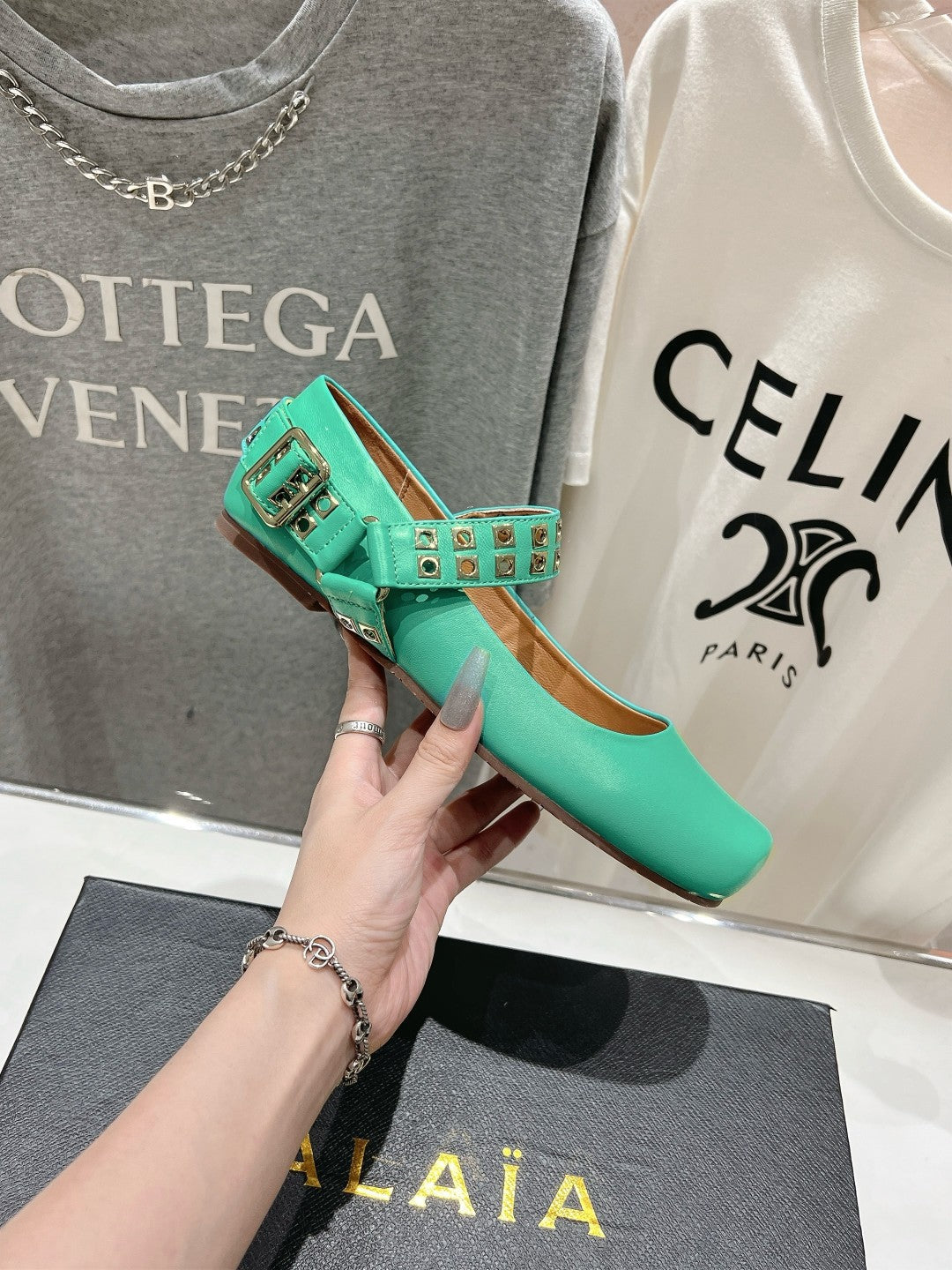 Alaila Biker Ballet Flats In Seafoam Green Cowhide 911446