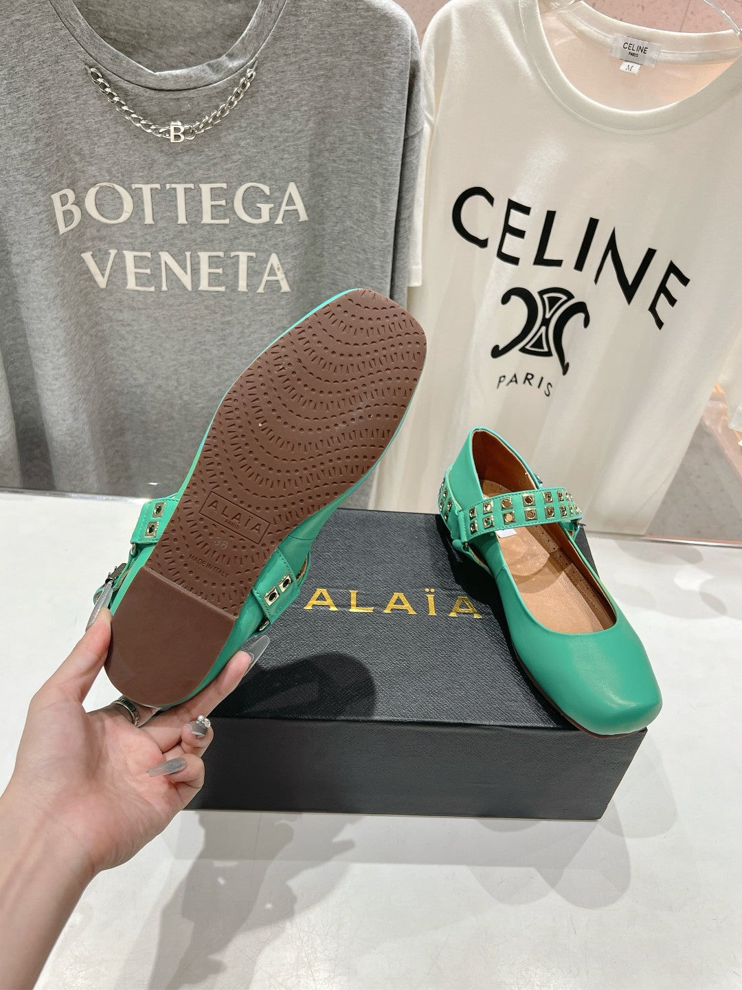 Alaila Biker Ballet Flats In Seafoam Green Cowhide 911446