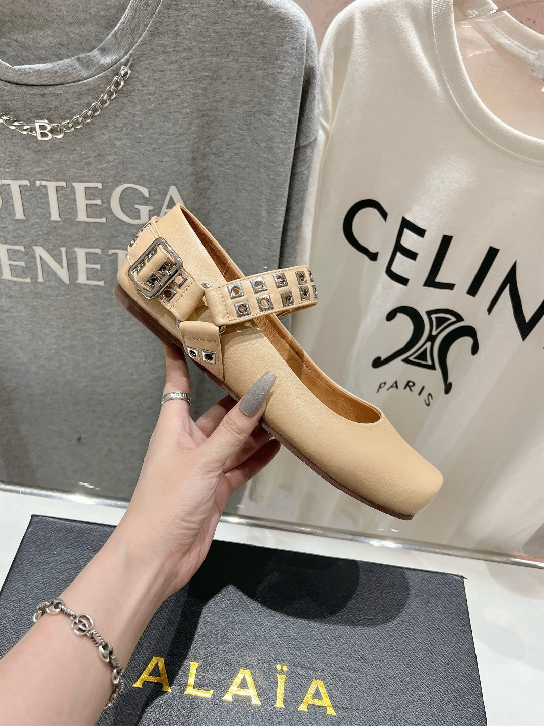 Alaila Biker Ballet Flats In Beige Cowhide 911448