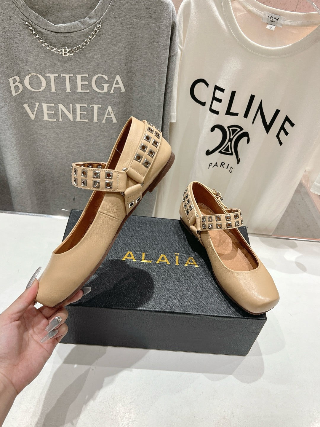 Alaila Biker Ballet Flats In Beige Cowhide 911448