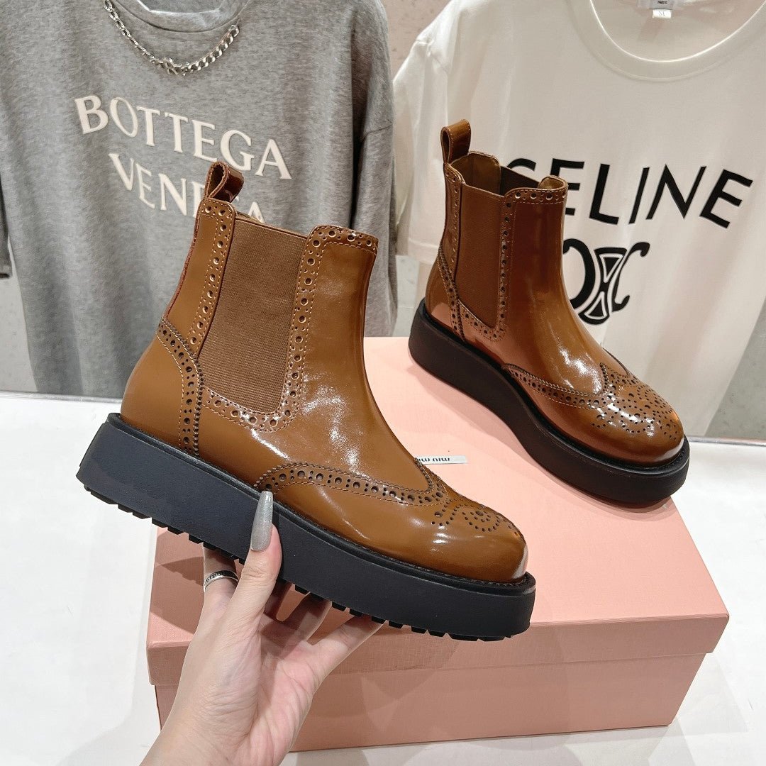 Miu Ankle Boots Caramel Brown Polished Calfskin