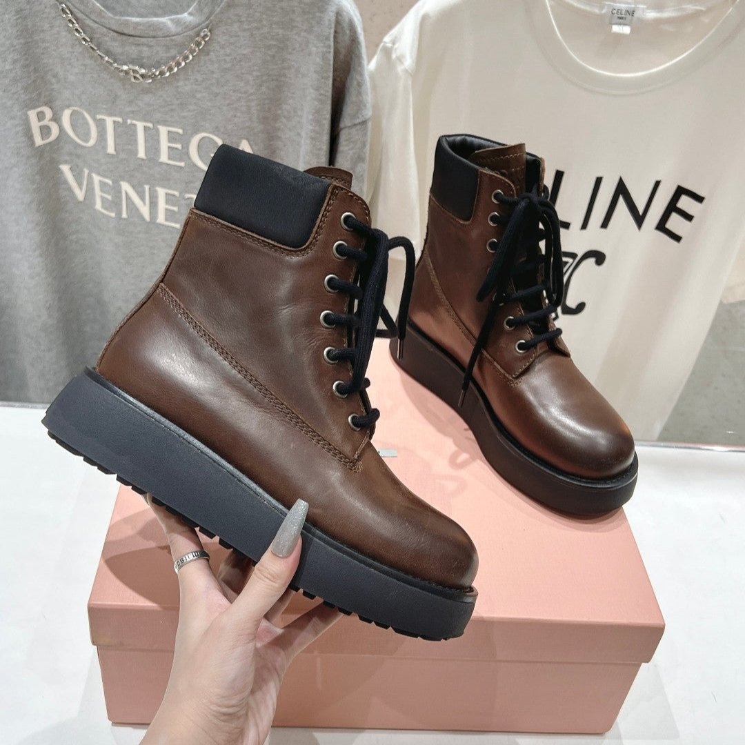 Miu Lace-Up Boots Syrup Brown Waxed Calfskin