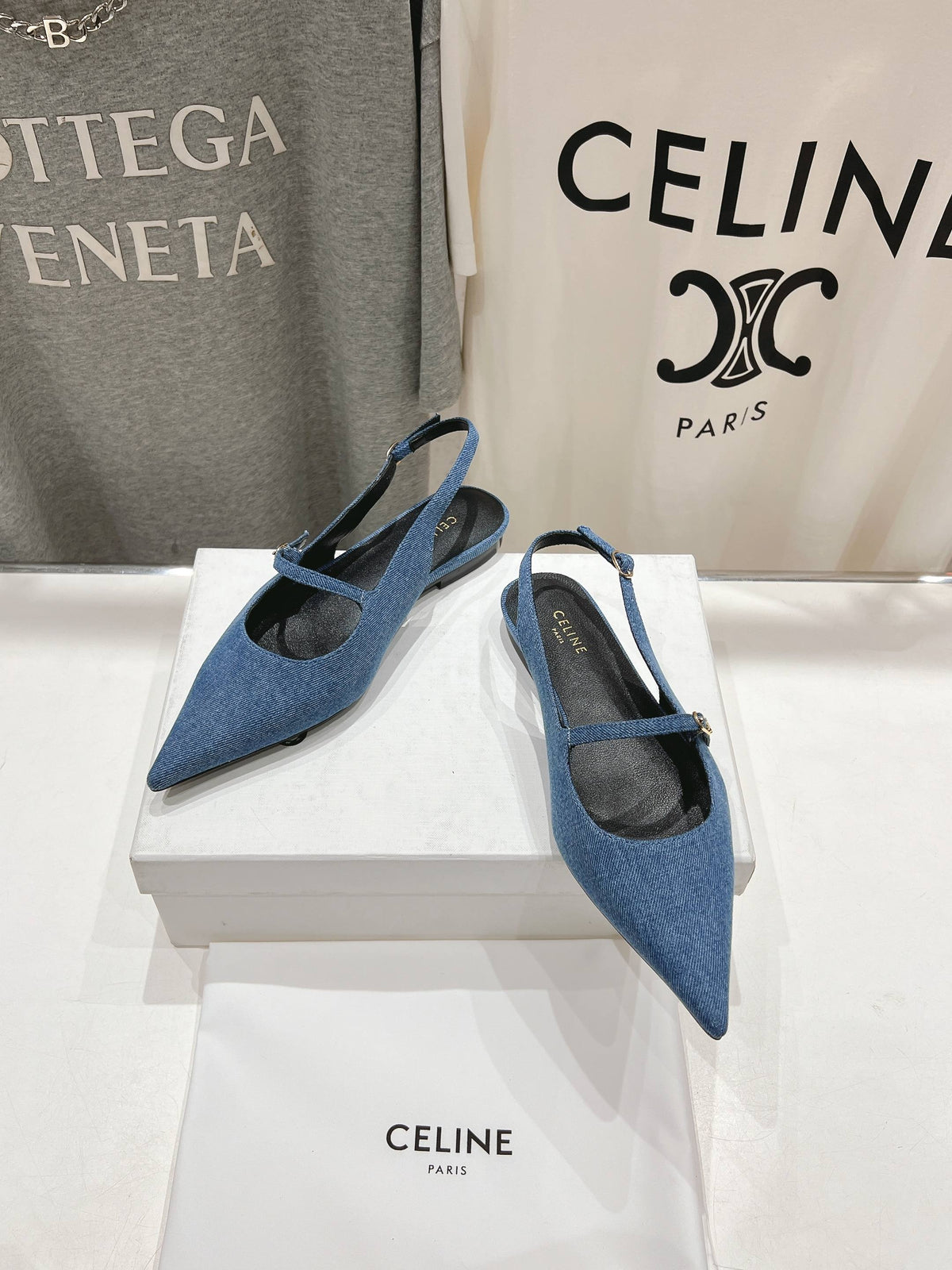 CELINE 25C Slingback Flat Demin Blue Fabric 236746