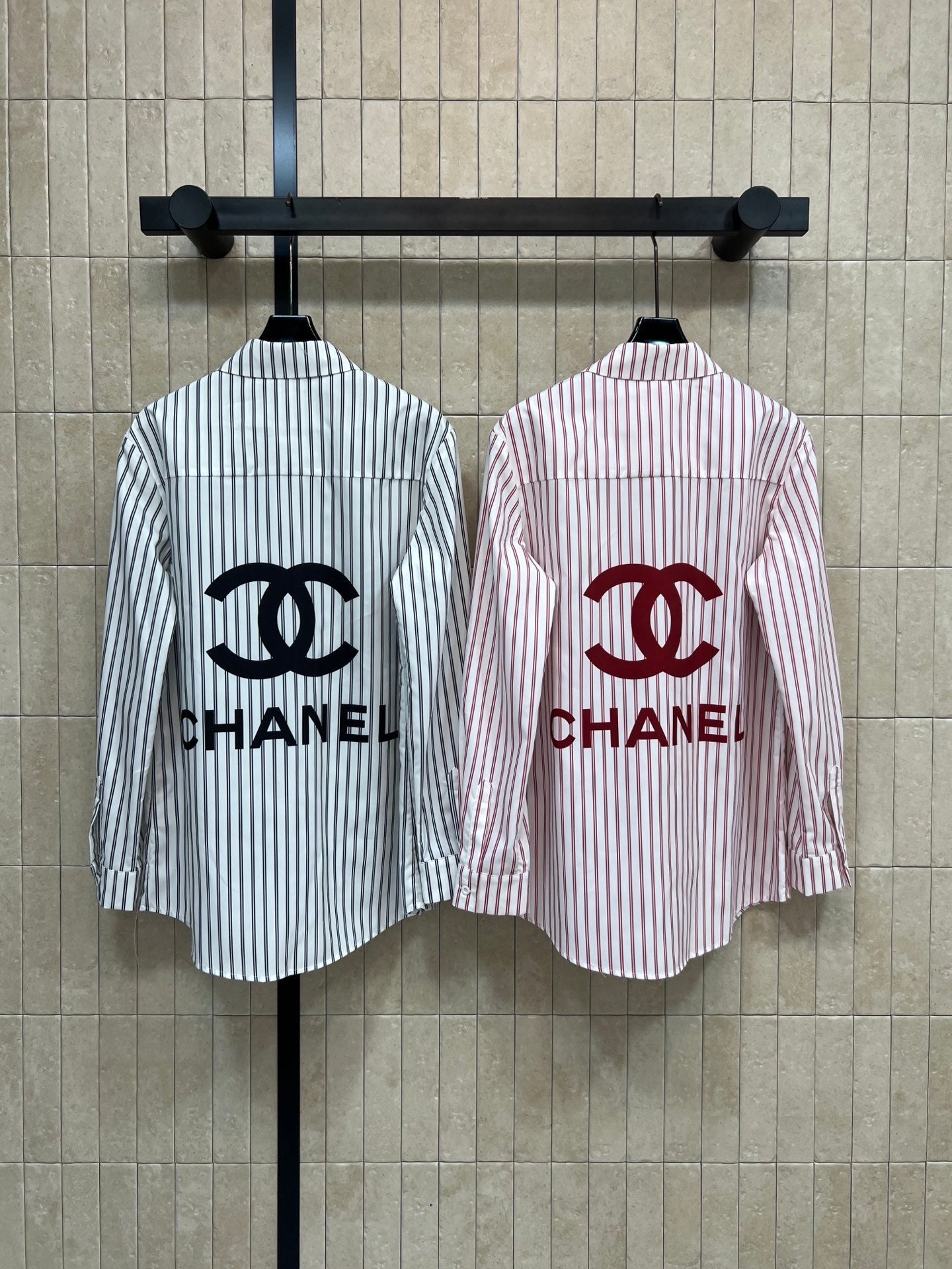 Chanel 2026 Logo Embroidered Striped Shirt Pink and Black Cotton 355062